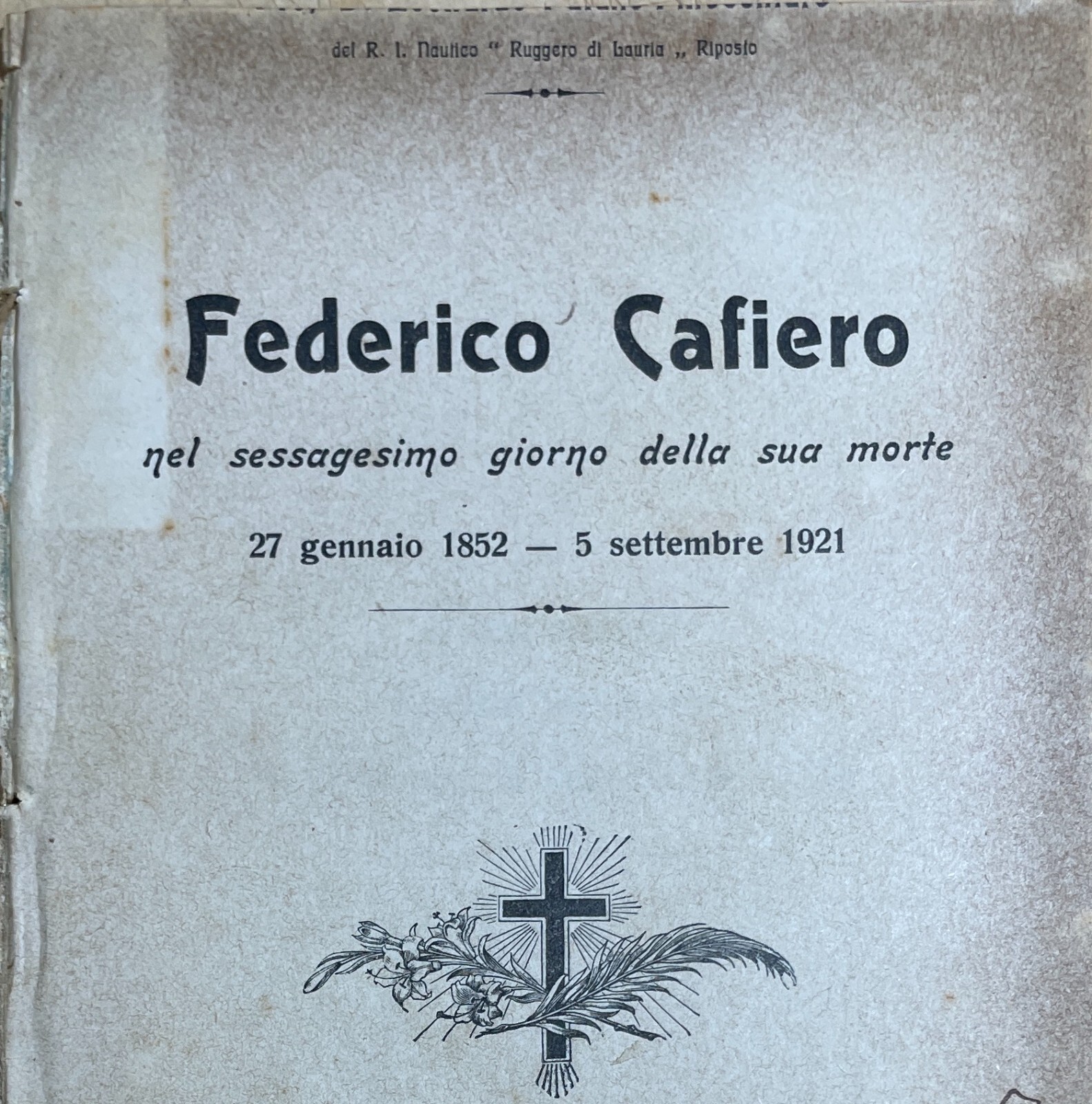 Sicilia, Riposto: Antico Necrologio Di Federico Cafiero, 1921
