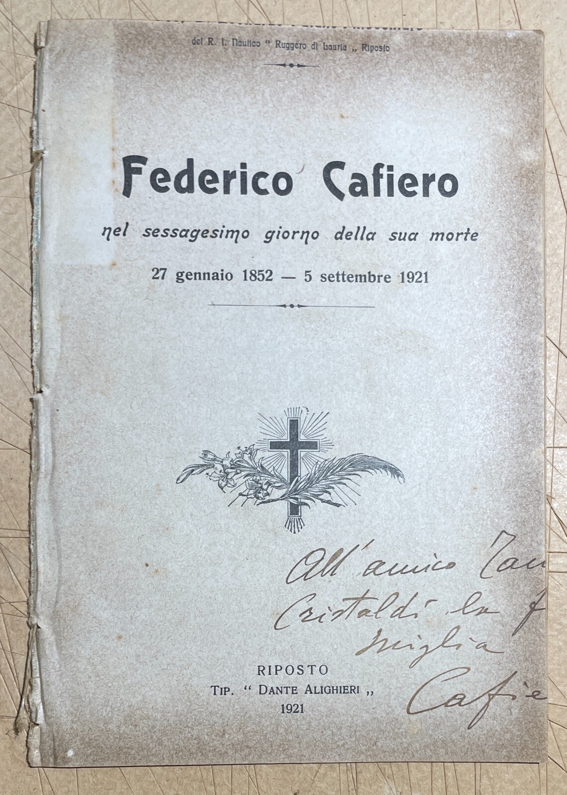 Sicilia, Riposto: Antico Necrologio Di Federico Cafiero, 1921