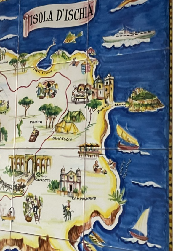 Isola d'Ischia. Grande Pannello Cartografico In Ceramica Dipinta A Mano