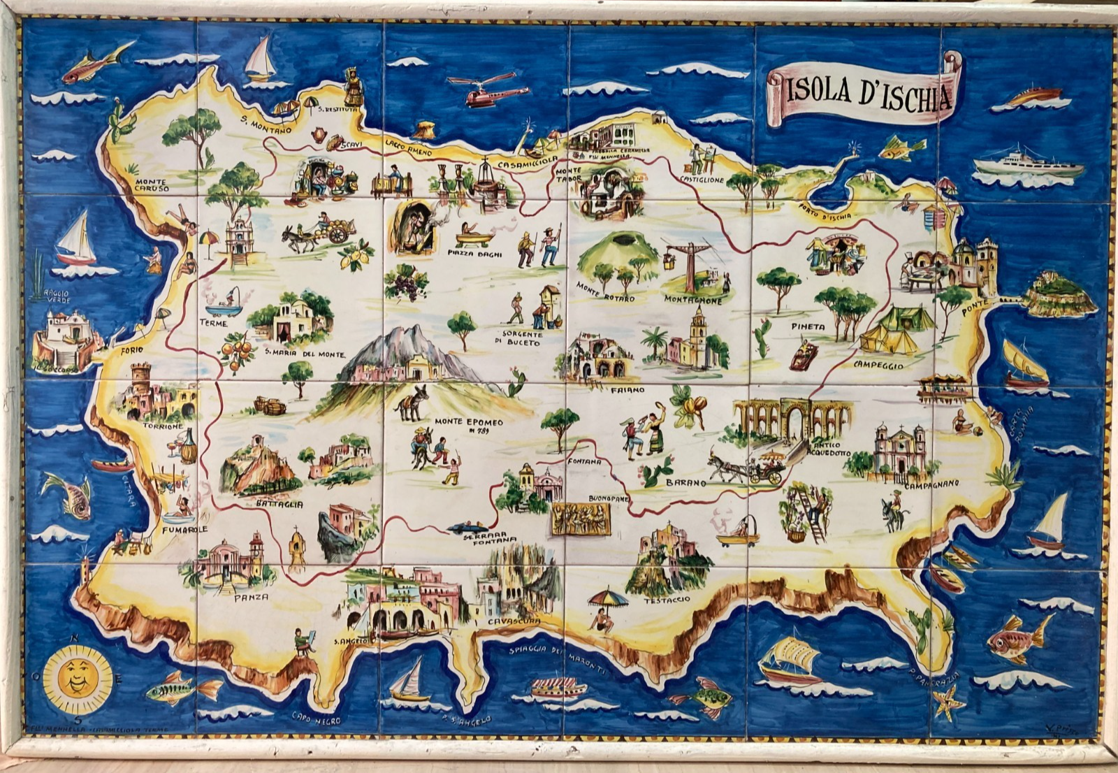 Isola d'Ischia. Grande Pannello Cartografico In Ceramica Dipinta A Mano