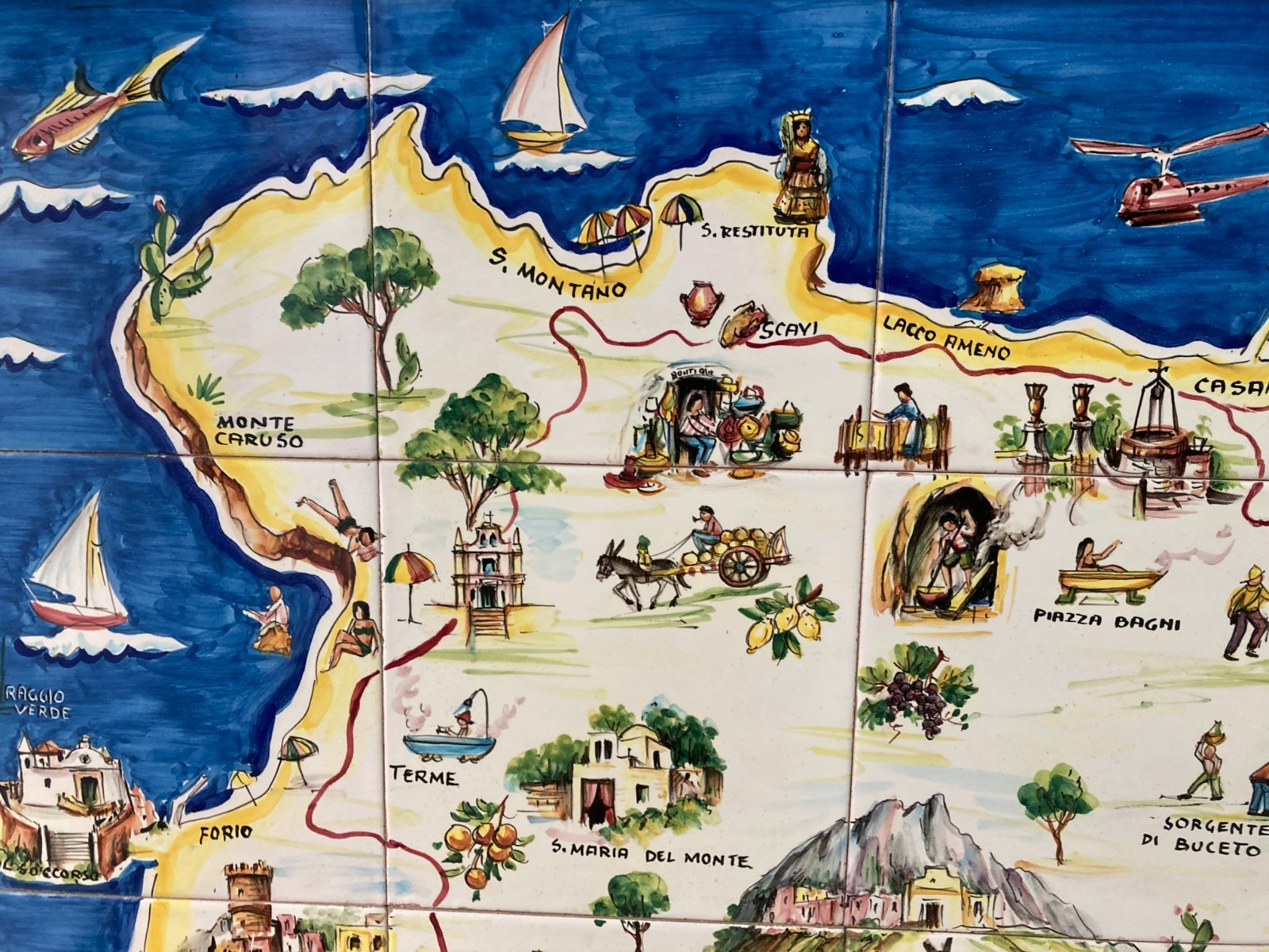 Isola d'Ischia. Grande Pannello Cartografico In Ceramica Dipinta A Mano