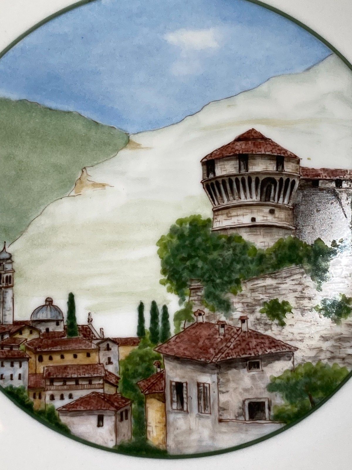 Rovereto, Il Castello. Veduta Panoramica Su Piatto In Porcellana Dipinta