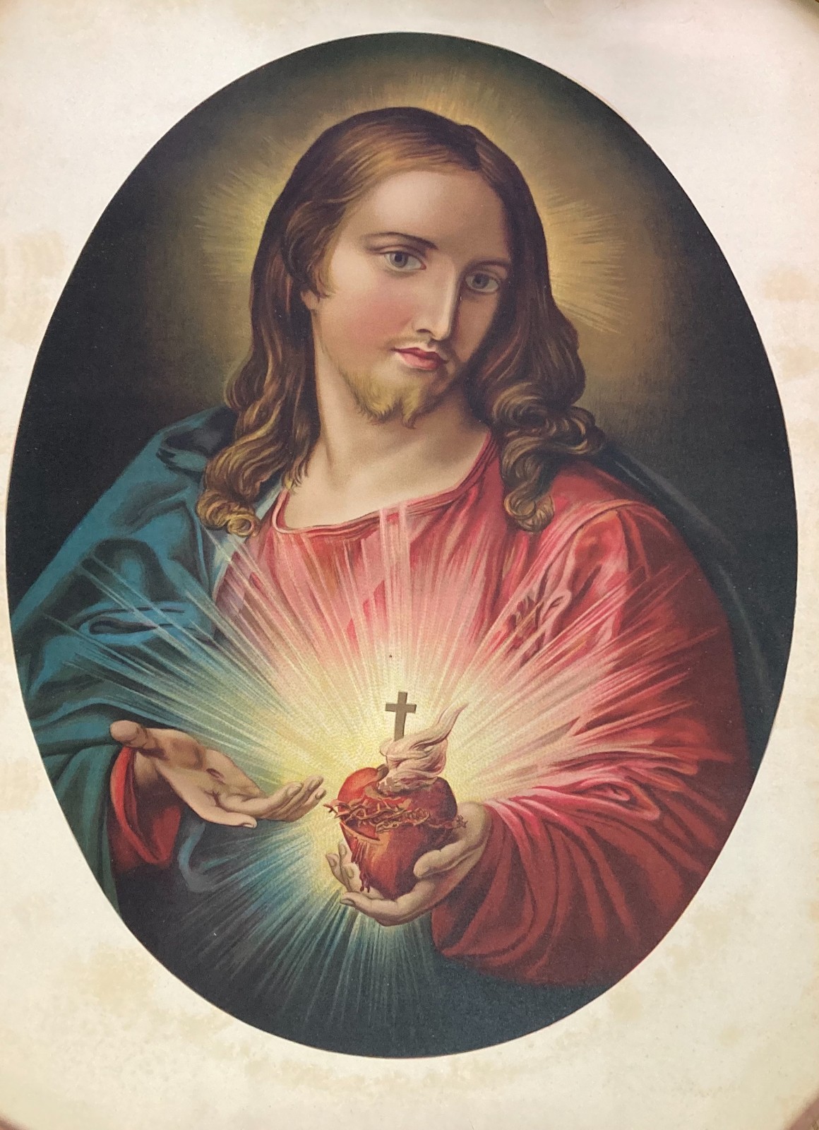 Arte Devozionale: Grande Stampa A Colori Del Cuore Di Gesù, XX Secolo