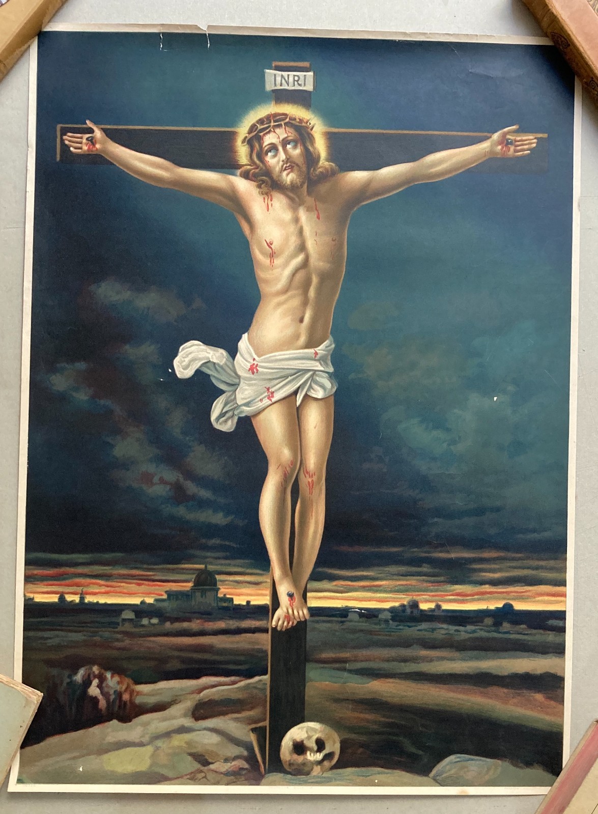 Antica Grande Stampa Popolare Devozionale   Crocifissione   Gesù Crocifisso