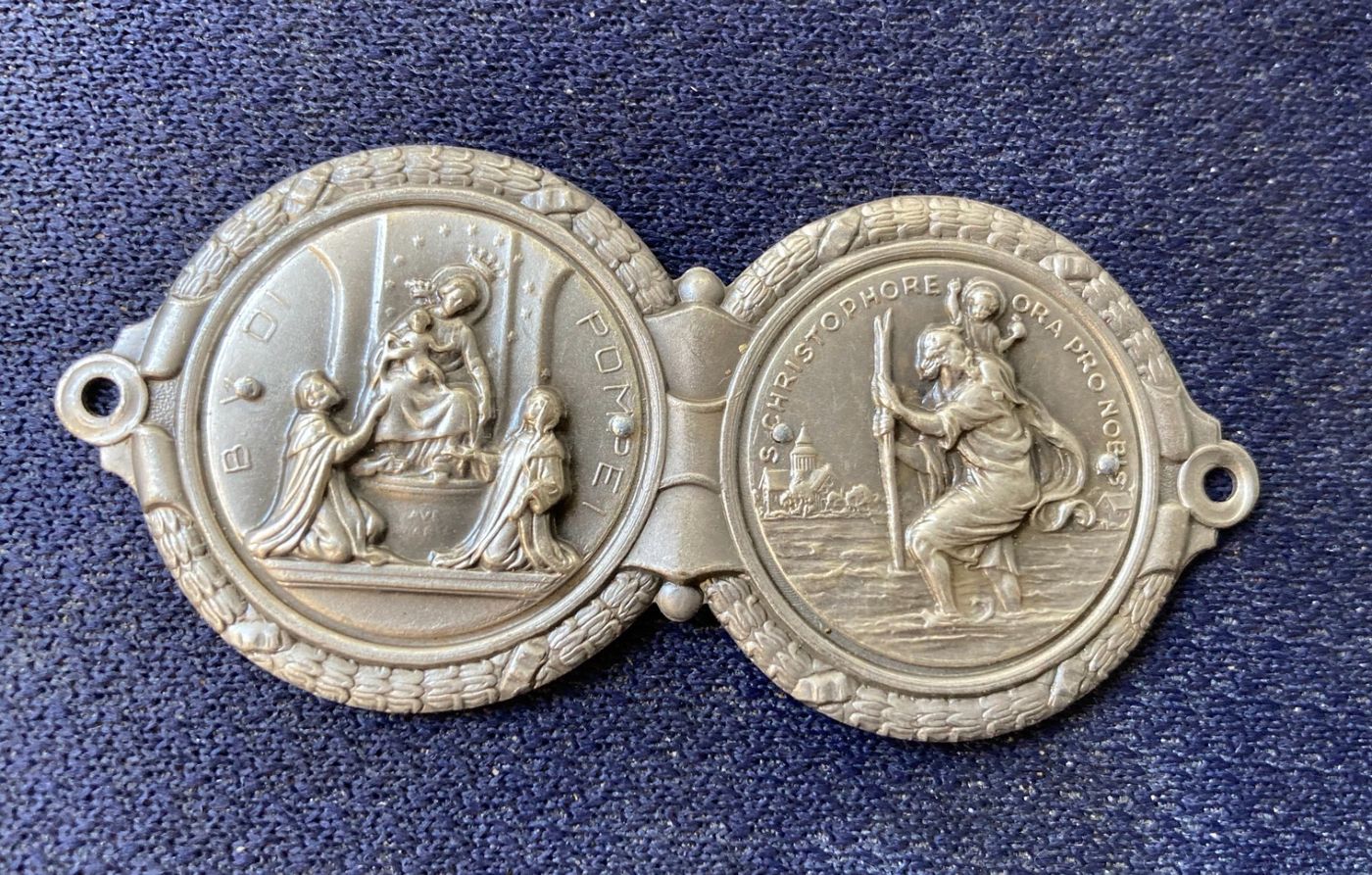 Arte Devozionale: Placchetta In Metallo Con Madonna Di Pompei E San Cristoforo