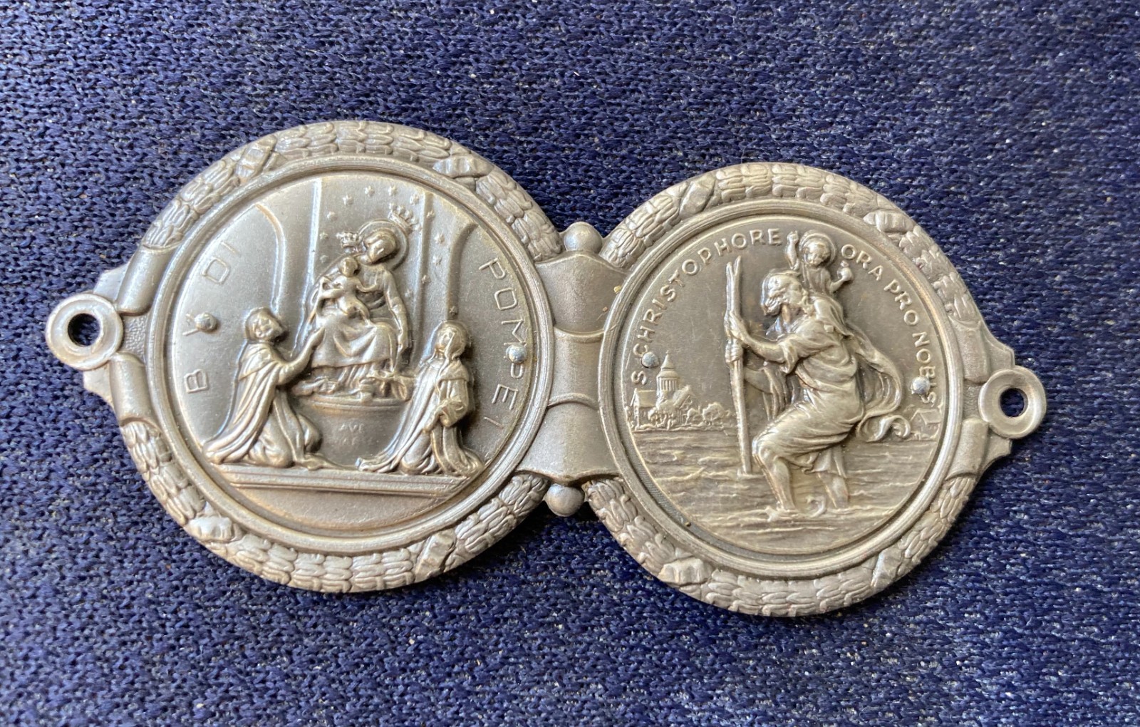 Arte Devozionale: Placchetta In Metallo Con Madonna Di Pompei E San Cristoforo