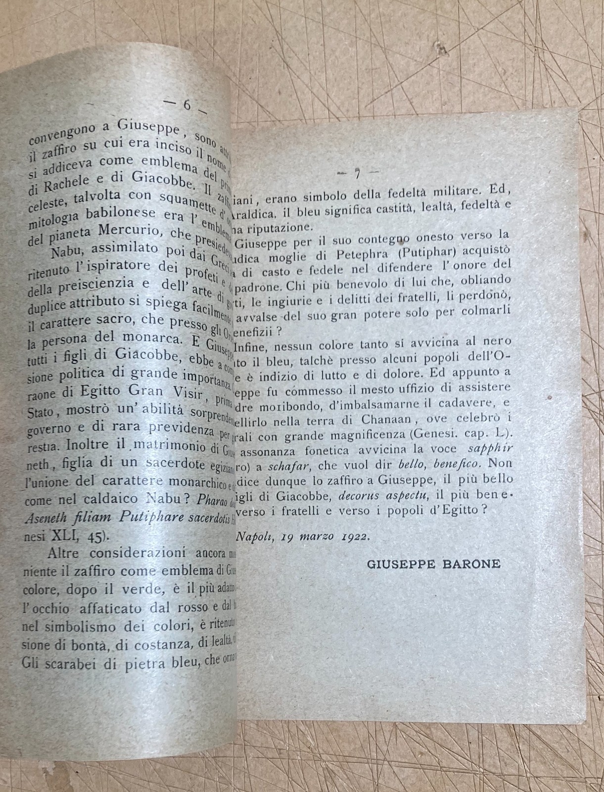 Barone   Simbolismo Del Nome Giuseppe   Teologia, Astrologia E Pietra Zaffiro   1922