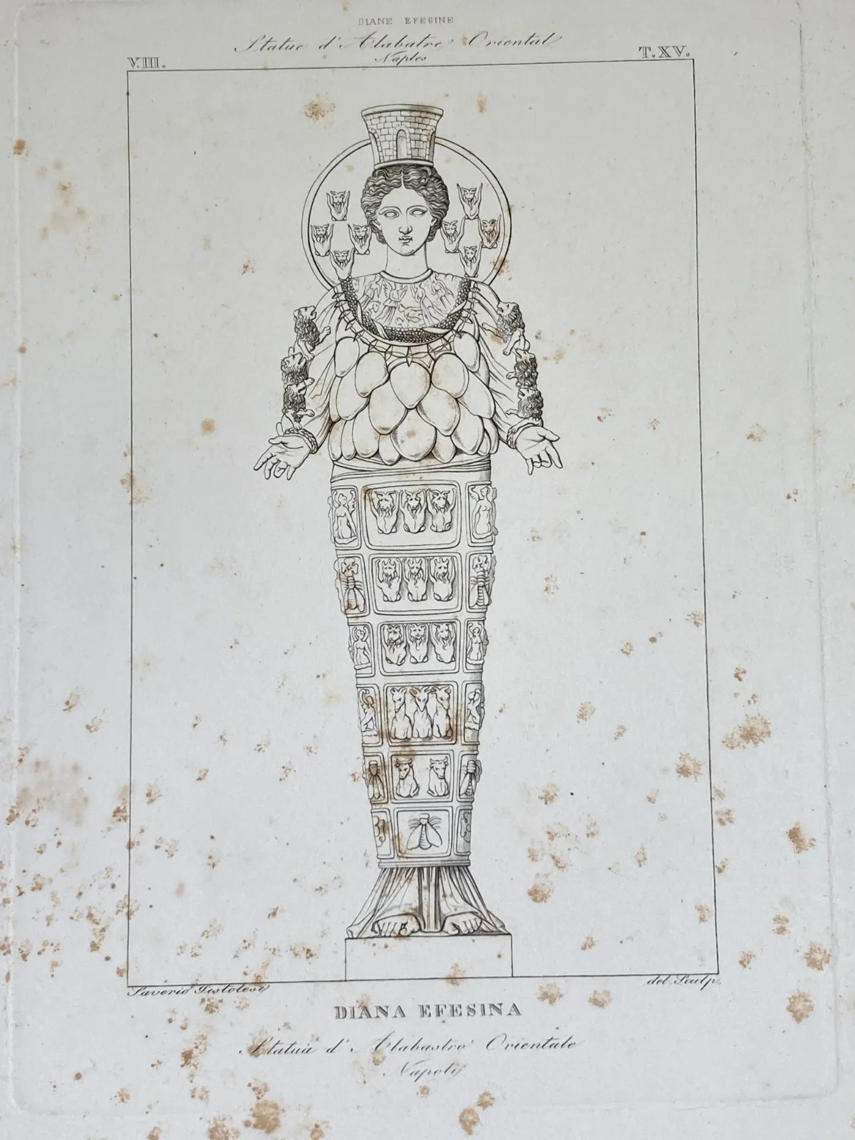 Arte, Mitologia e Iconografia Antica: Diana Efesina al Museo di Napoli. Incisione di Saverio Pistolesi del Xix Secolo