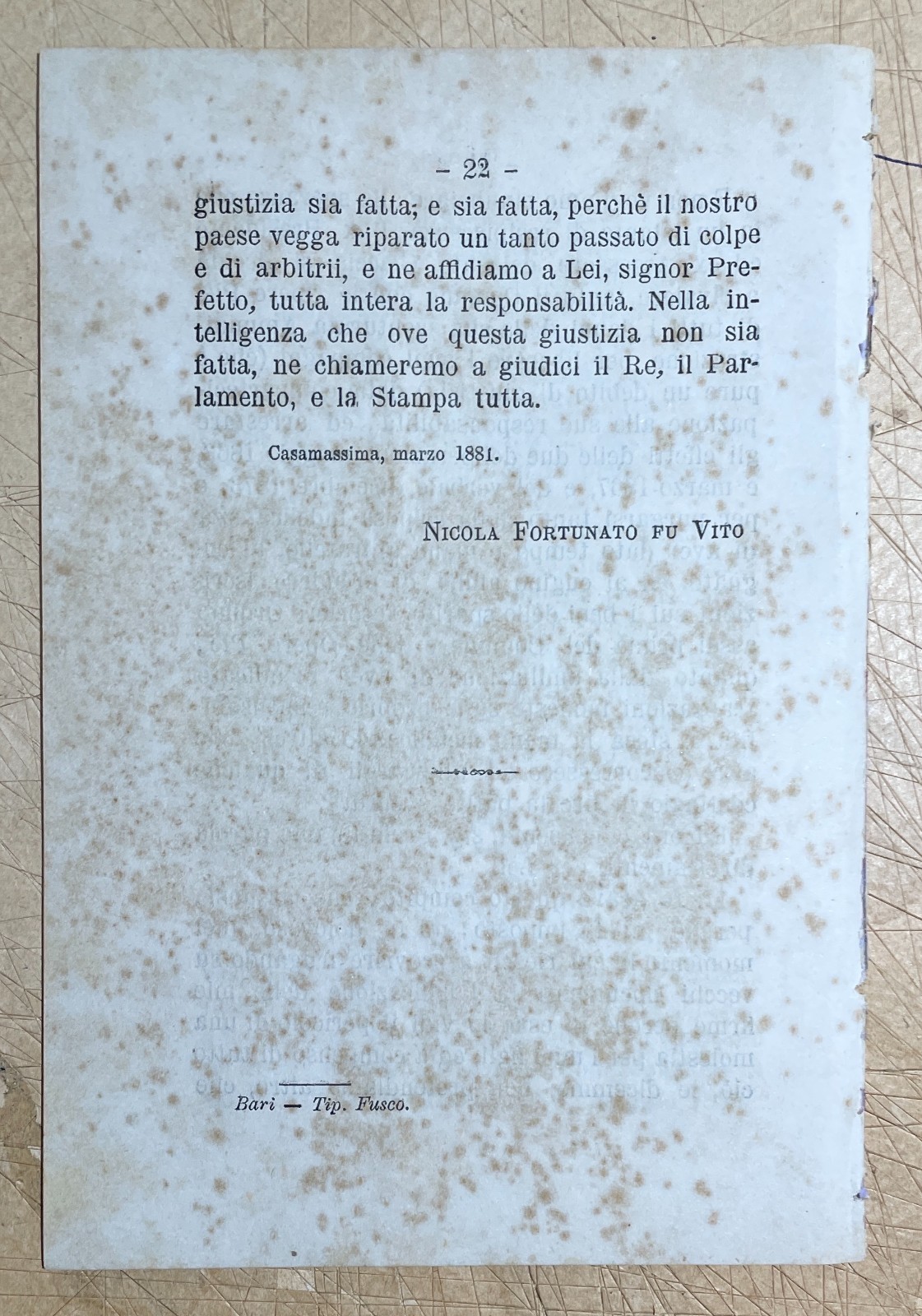 Puglia, Bari, Casamassima: Nicola Fortunato Di Vito Al Marchese Petra Di Caccavone, 1881