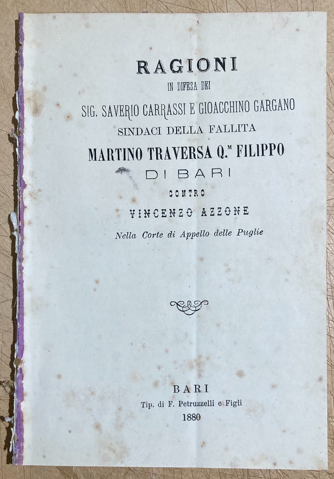 Puglia, Bari: Economia E Giurisprudenza. Fallimento Traversa, Carrassi, Gargano, Azzone, 1880
