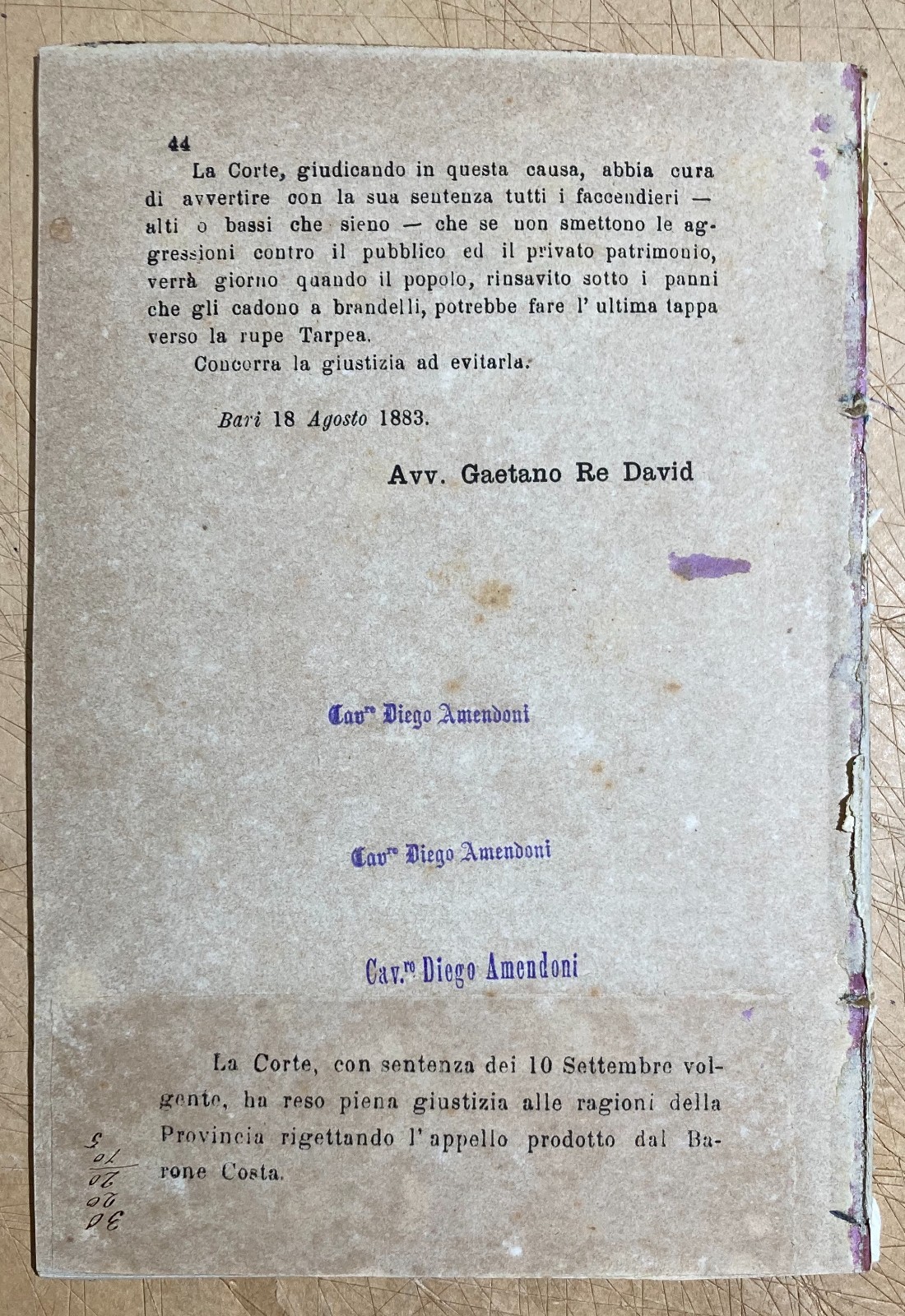 Puglia. Giuridica, Bari: Barone Costa E La Ferrovia Barletta Spinazzola. Re David, 1883