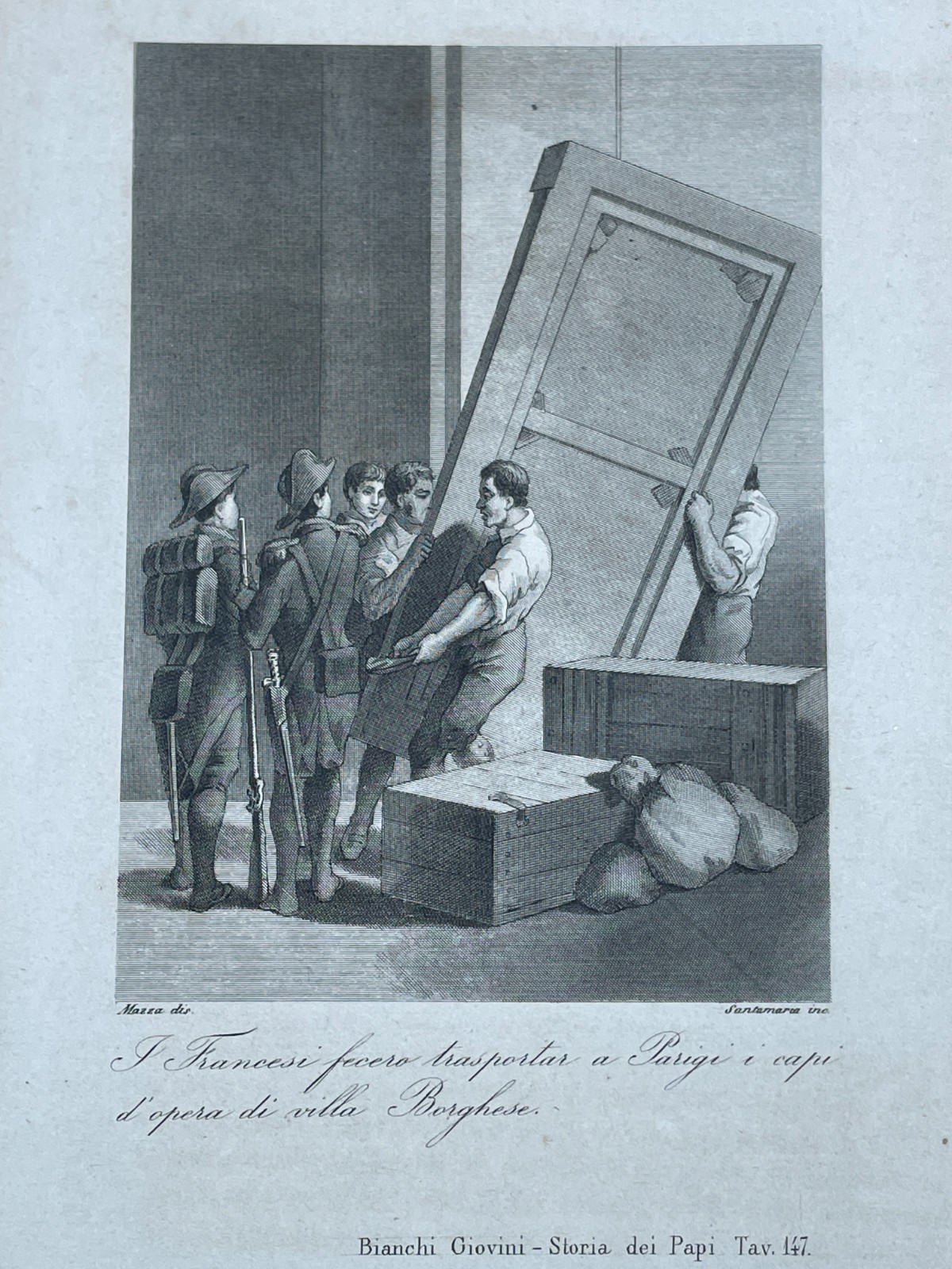 I Francesi E Le Opere d'Arte Di Villa Borghese. Antica Stampa. Incisore Santamaria