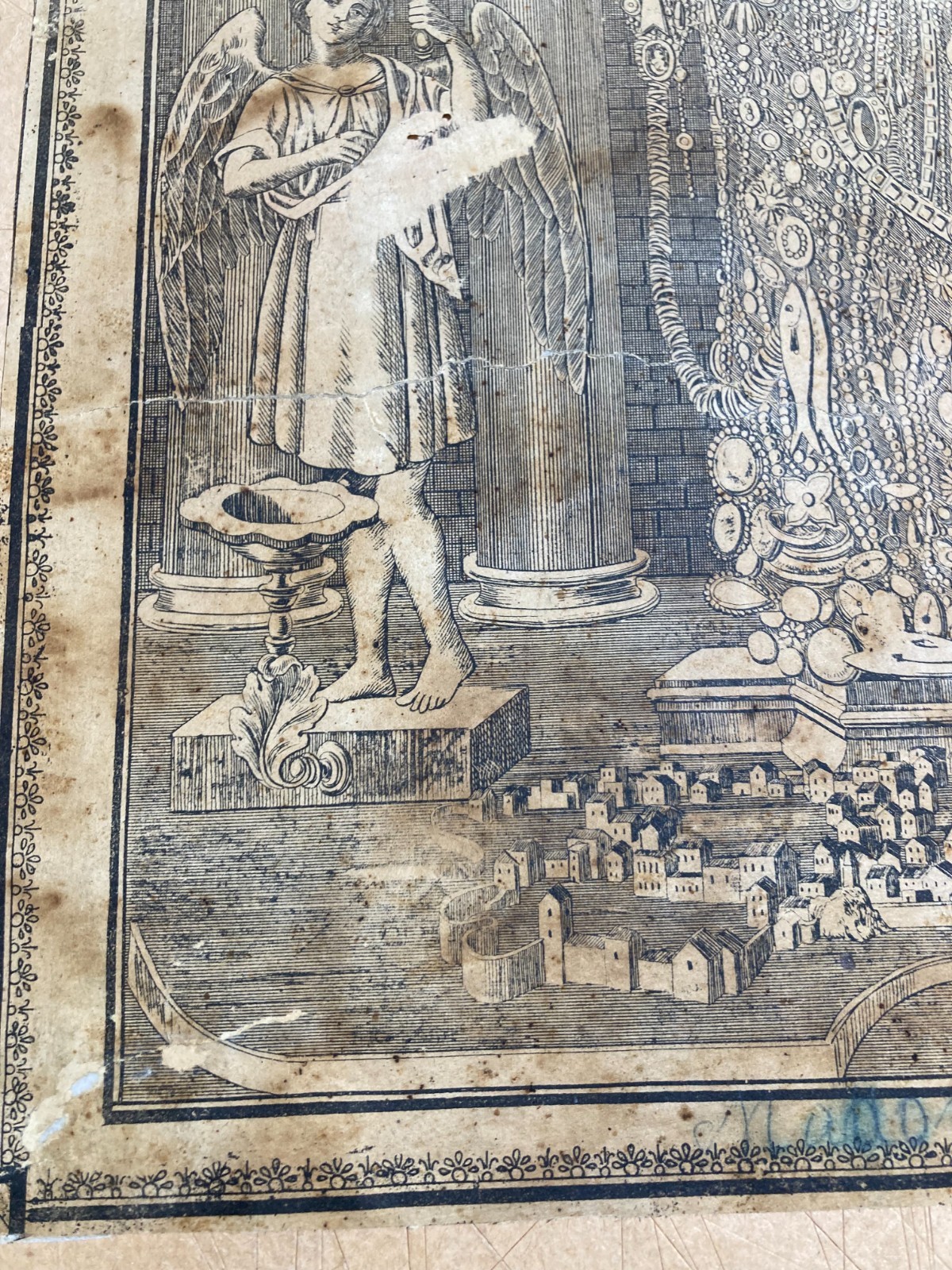 Sicilia, Trapani. Stampa Popolare Devozionale: Madonna Con Angeli E Veduta Cittadina