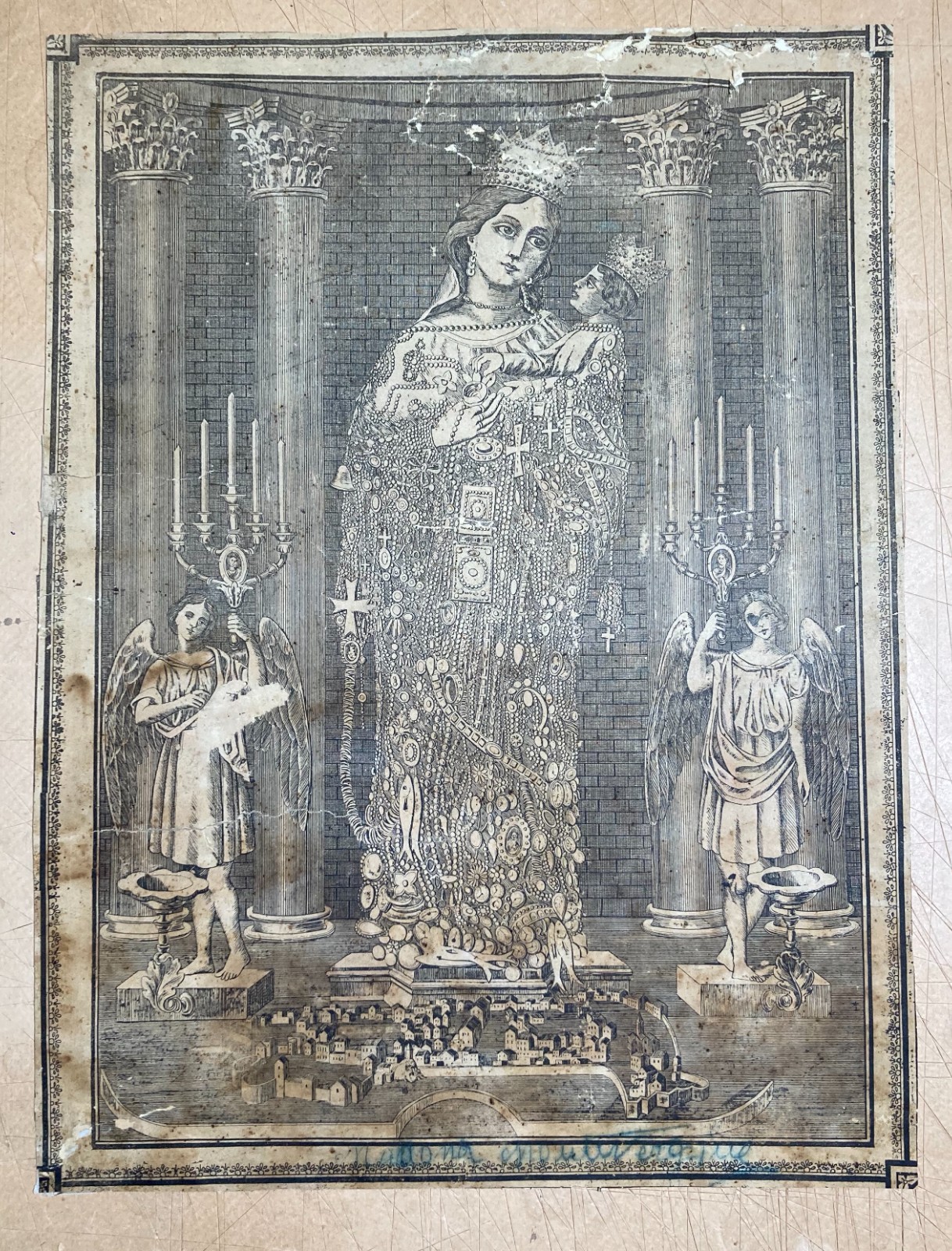 Sicilia, Trapani. Stampa Popolare Devozionale: Madonna Con Angeli E Veduta Cittadina