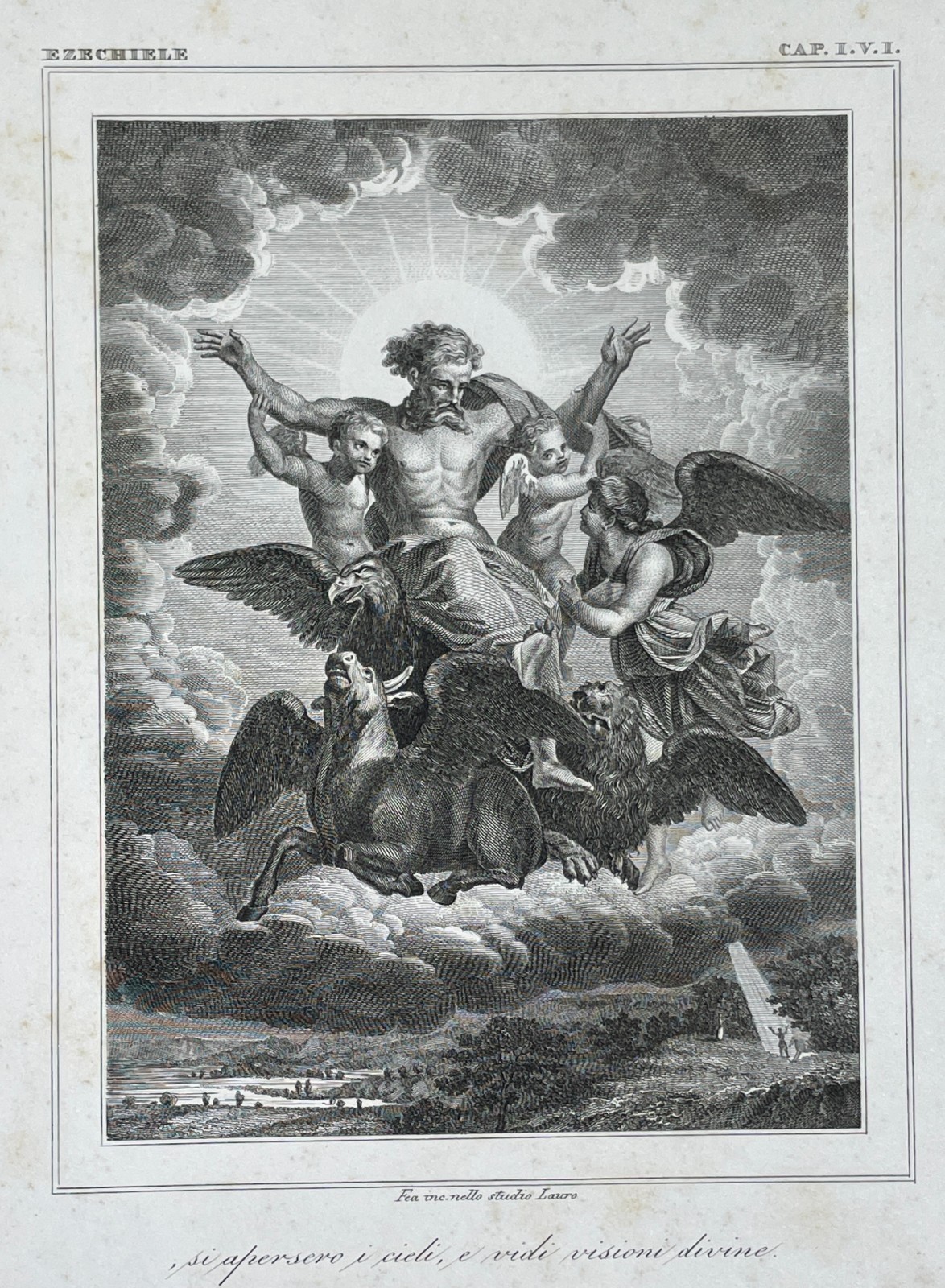 Antica Stampa Biblica   Ezechiele: Visioni Divine   Artista Incisore Fea   Lauro   XIX Secolo