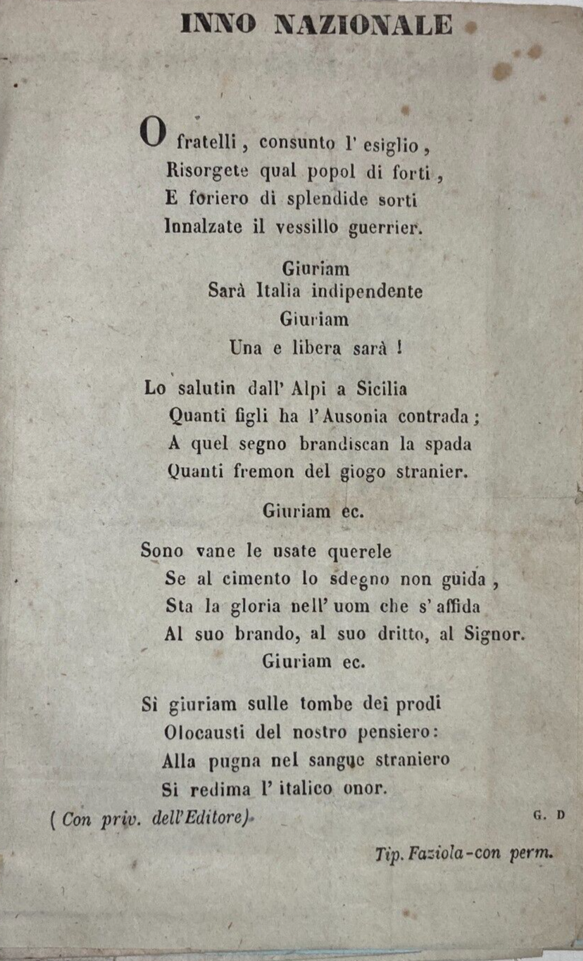 Risorgimento   Liguria   Genova   Tipografia Faziola   Inno Nazionale   Chiossone   Celesia