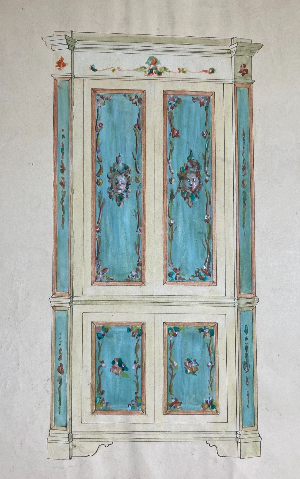 Progetto Di Mobile Dipinto   Acquerello d'Epoca Con Decori Floreali
