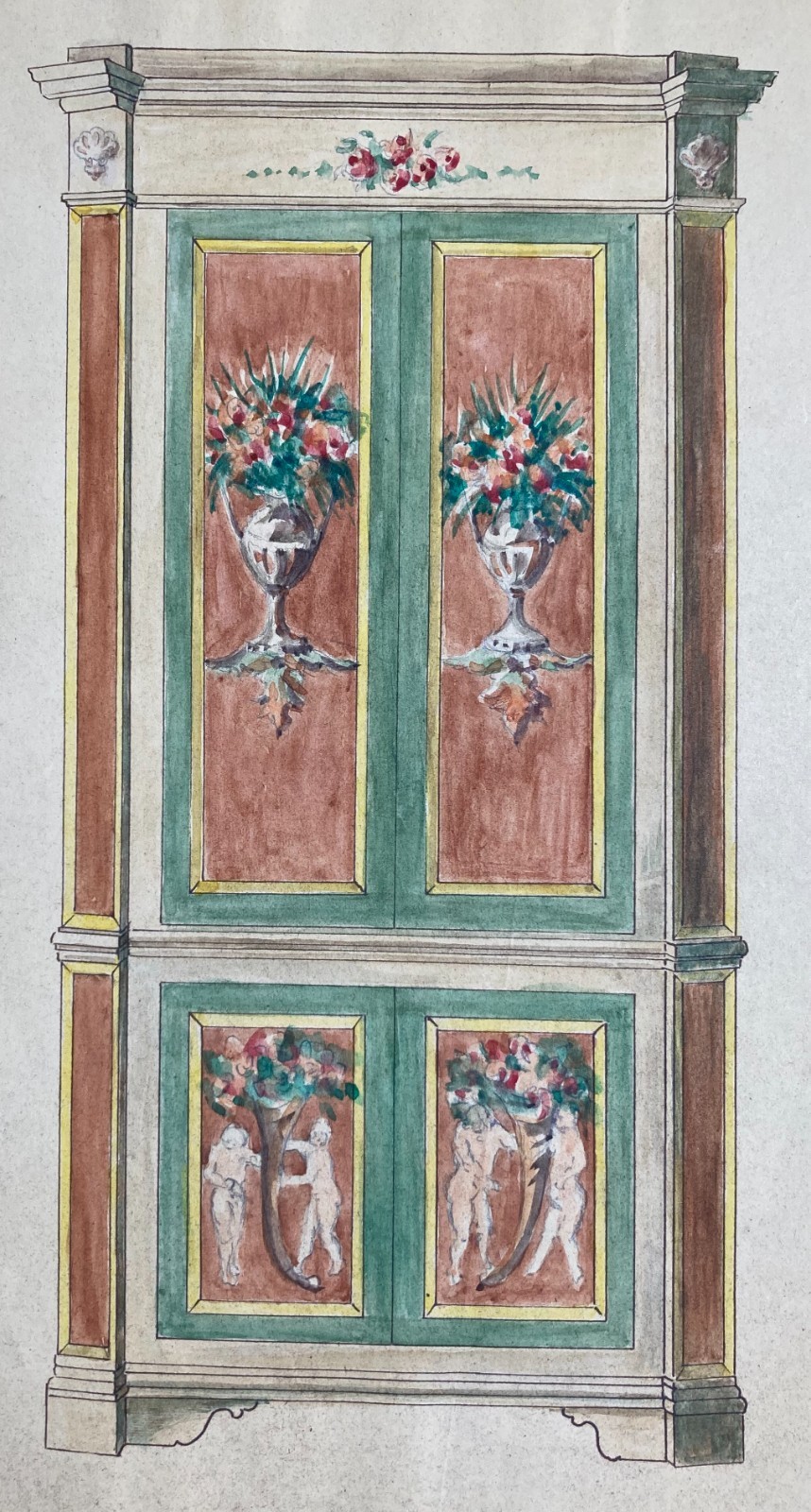 Arti Decorative: Progetto Di Mobile Dipinto, Acquerello Con Cornucopie E Decori Floreali