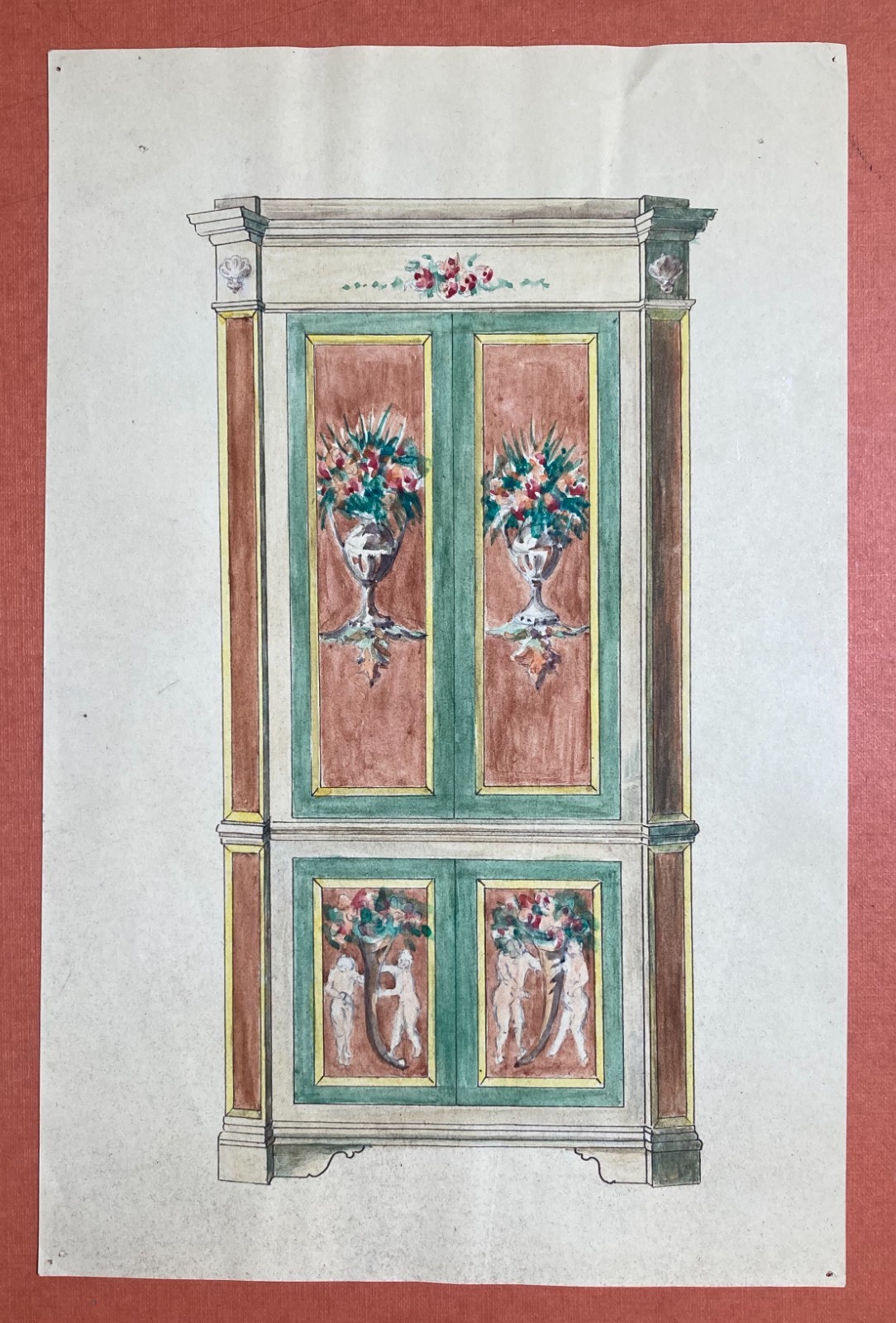Arti Decorative: Progetto Di Mobile Dipinto, Acquerello Con Cornucopie E Decori Floreali