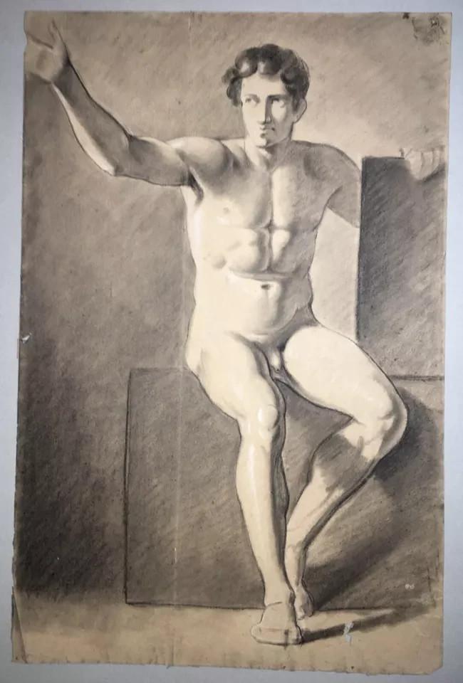 Studio Accademico Di Nudo Maschile: Disegni Fronte Retro Del XIX Secolo
