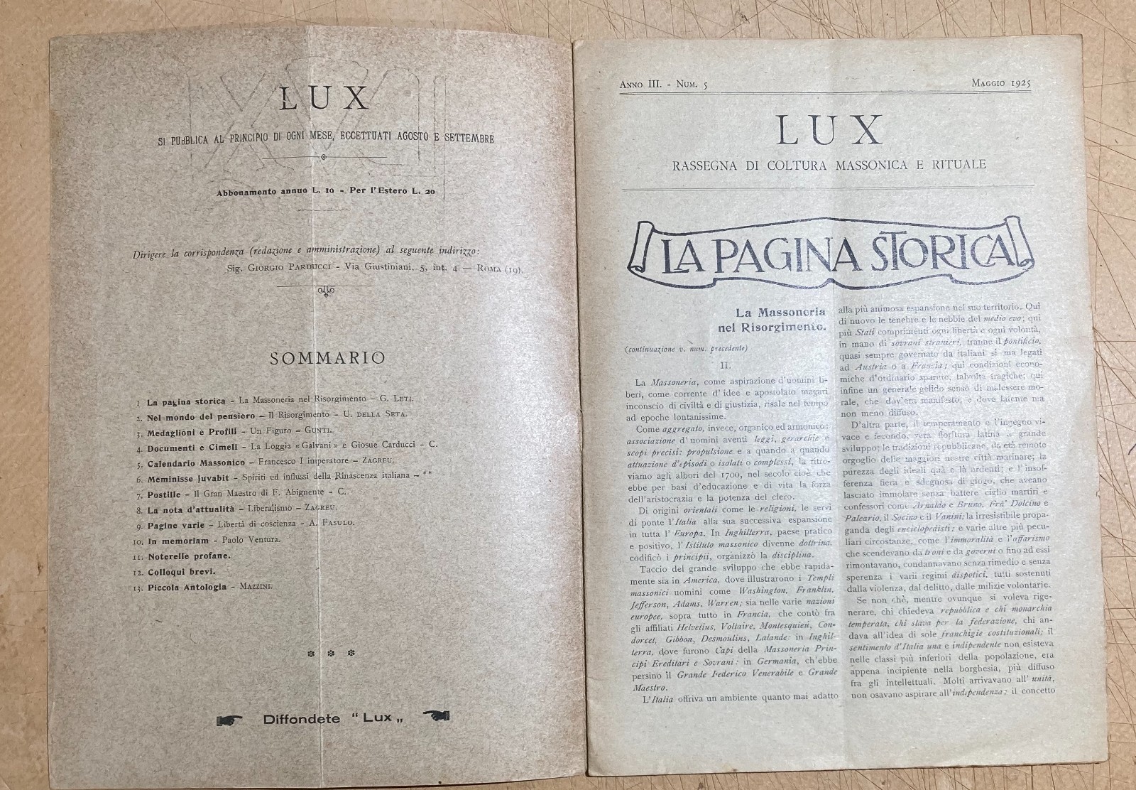 Massoneria E Risorgimento: Antica Rivista Lux, Maggio 1925, Loggia Ponzio Di Nicastro