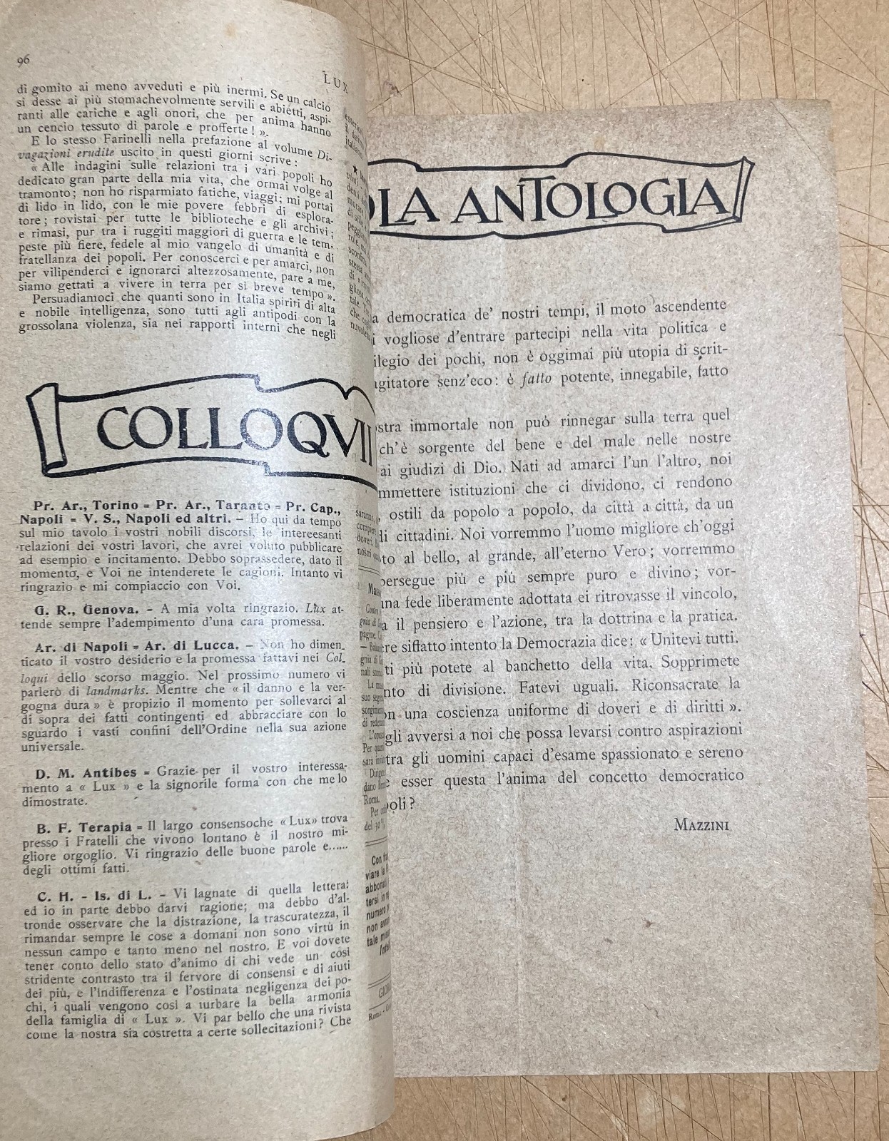Massoneria E Risorgimento: Antica Rivista Lux, Maggio 1925, Loggia Ponzio Di Nicastro