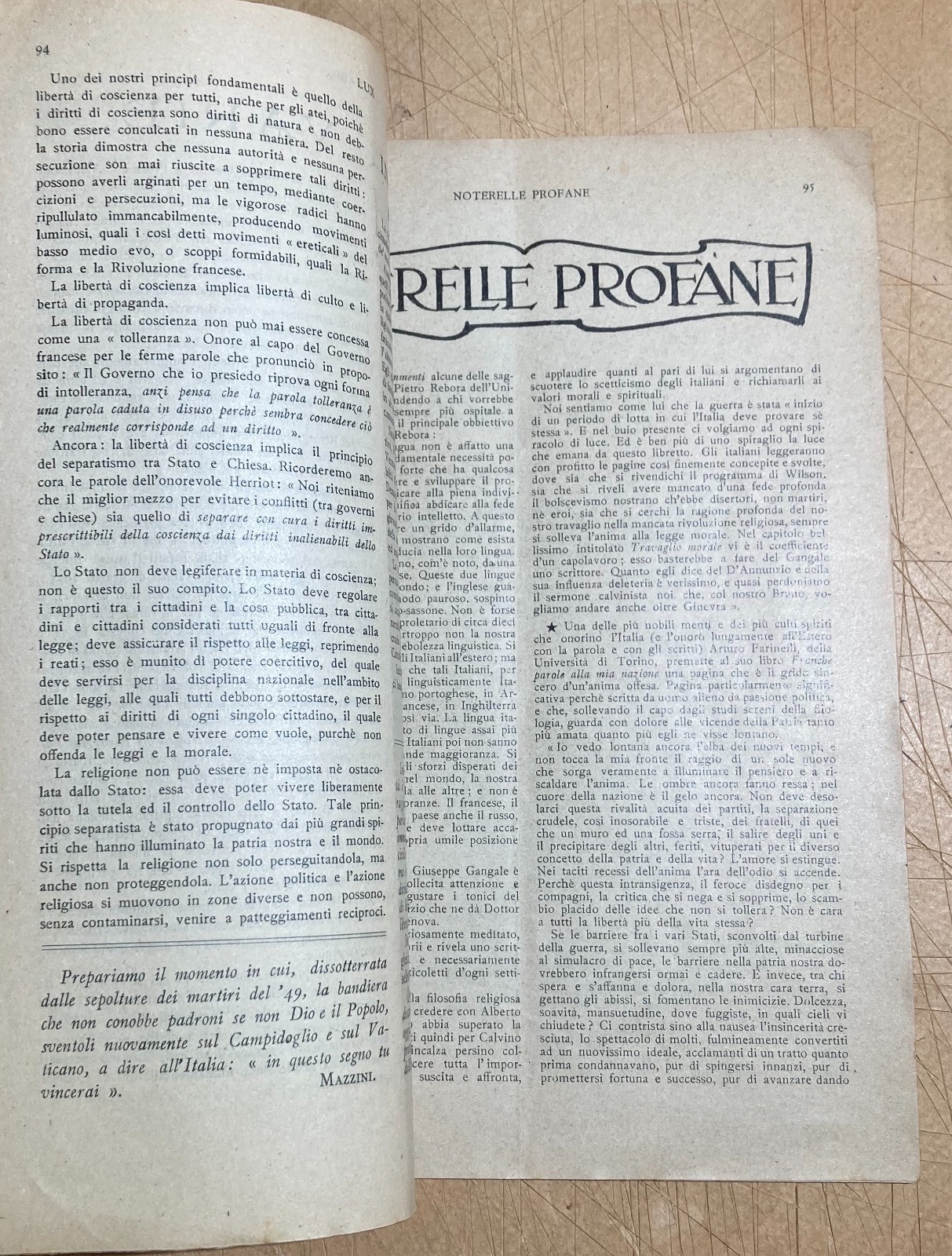 Massoneria E Risorgimento: Antica Rivista Lux, Maggio 1925, Loggia Ponzio Di Nicastro