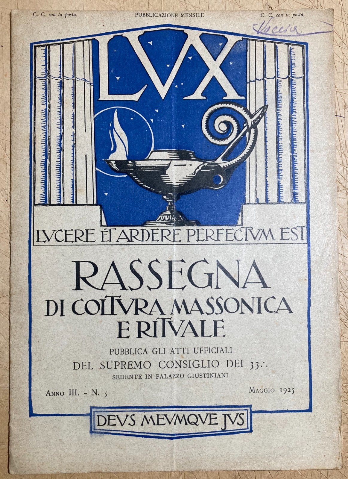 Massoneria E Risorgimento: Antica Rivista Lux, Maggio 1925, Loggia Ponzio Di Nicastro
