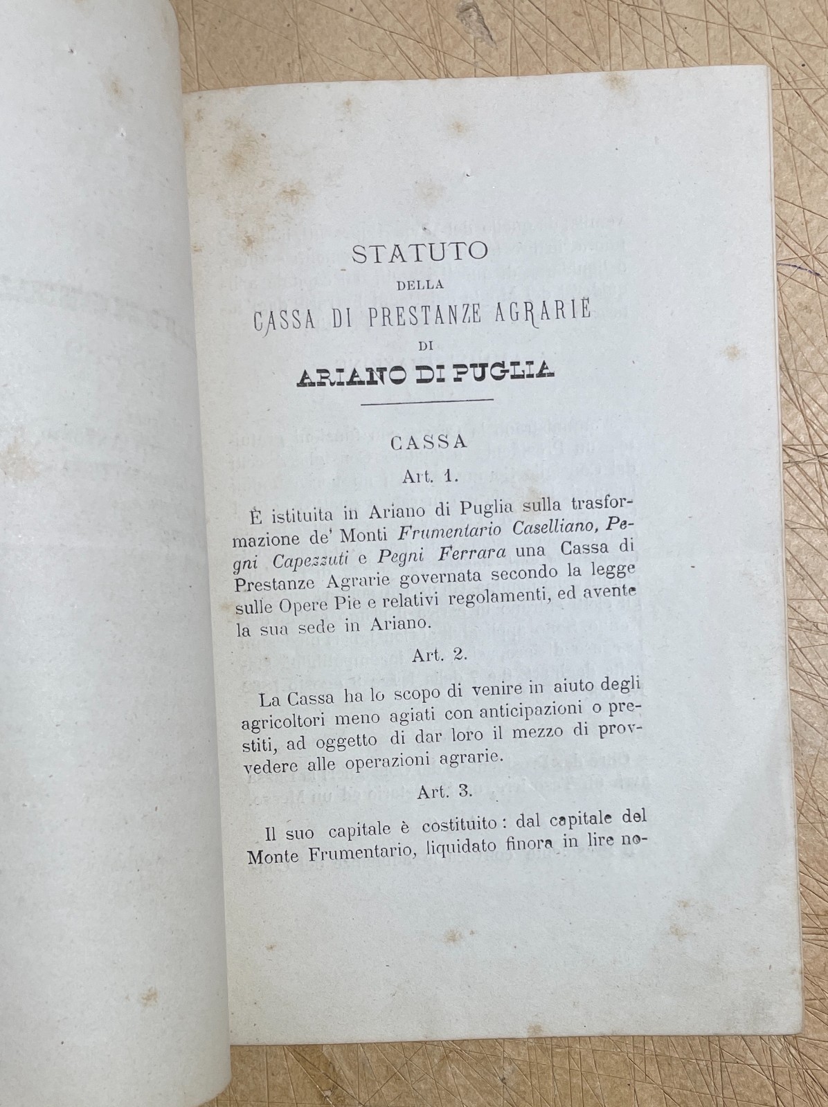 Statuto Della Cassa Di Prestanze Agrarie Di Ariano Di Puglia, 1886