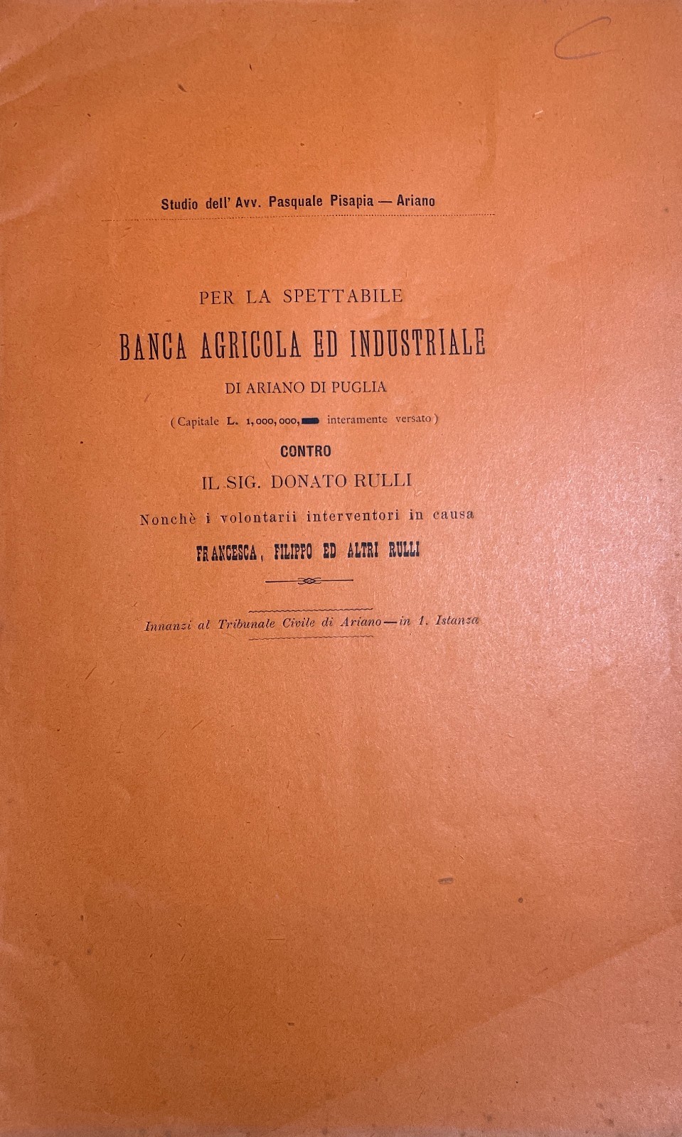 Irpinia, Ariano, Casalbore: Giuridica, Economia, Banca Agricola, Rulli, Pisapia, Ciccone