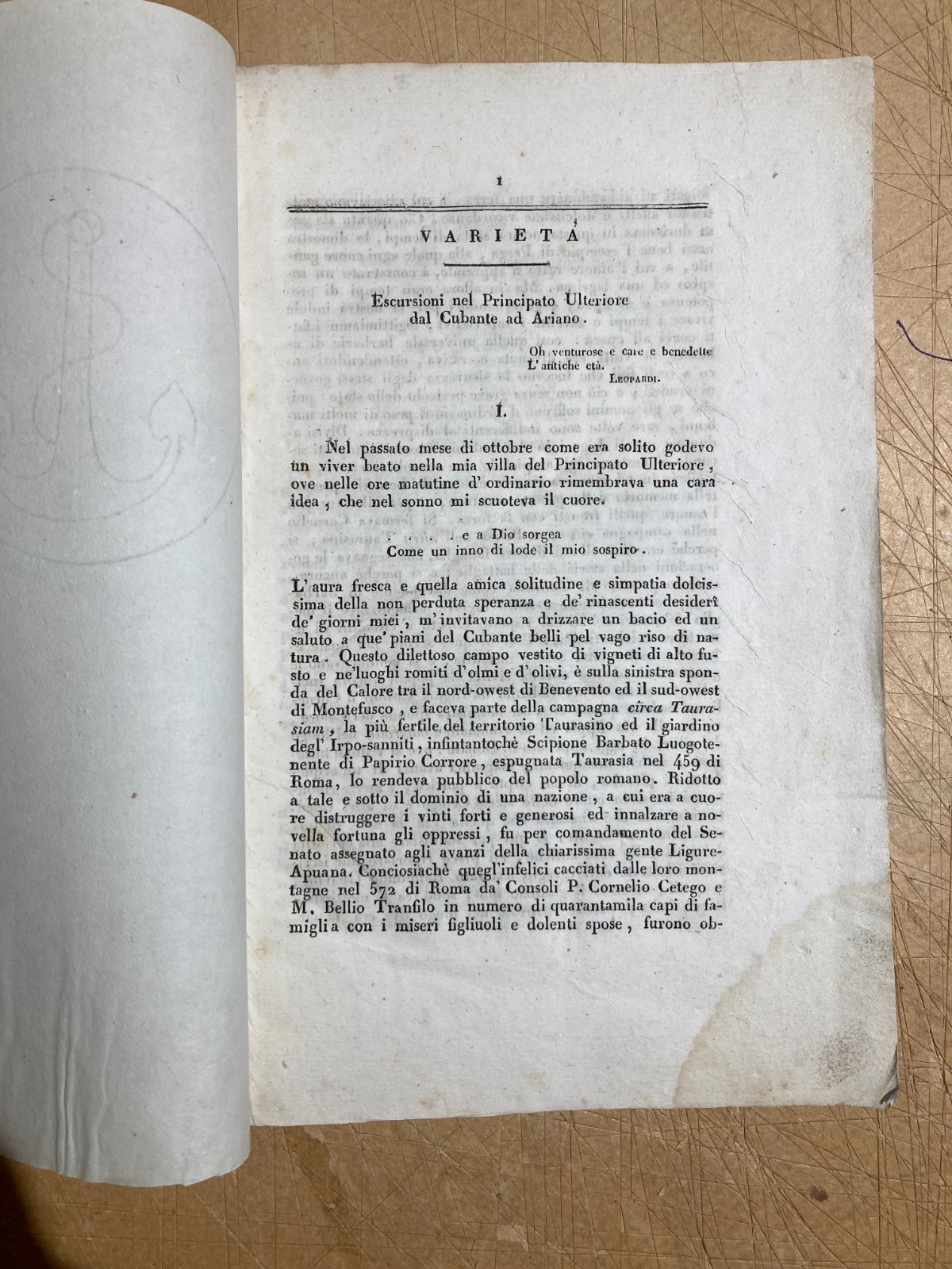Campania, Irpinia, Sannio, Nisco: Antica Edizione   Storia Locale Napoletana, 1840