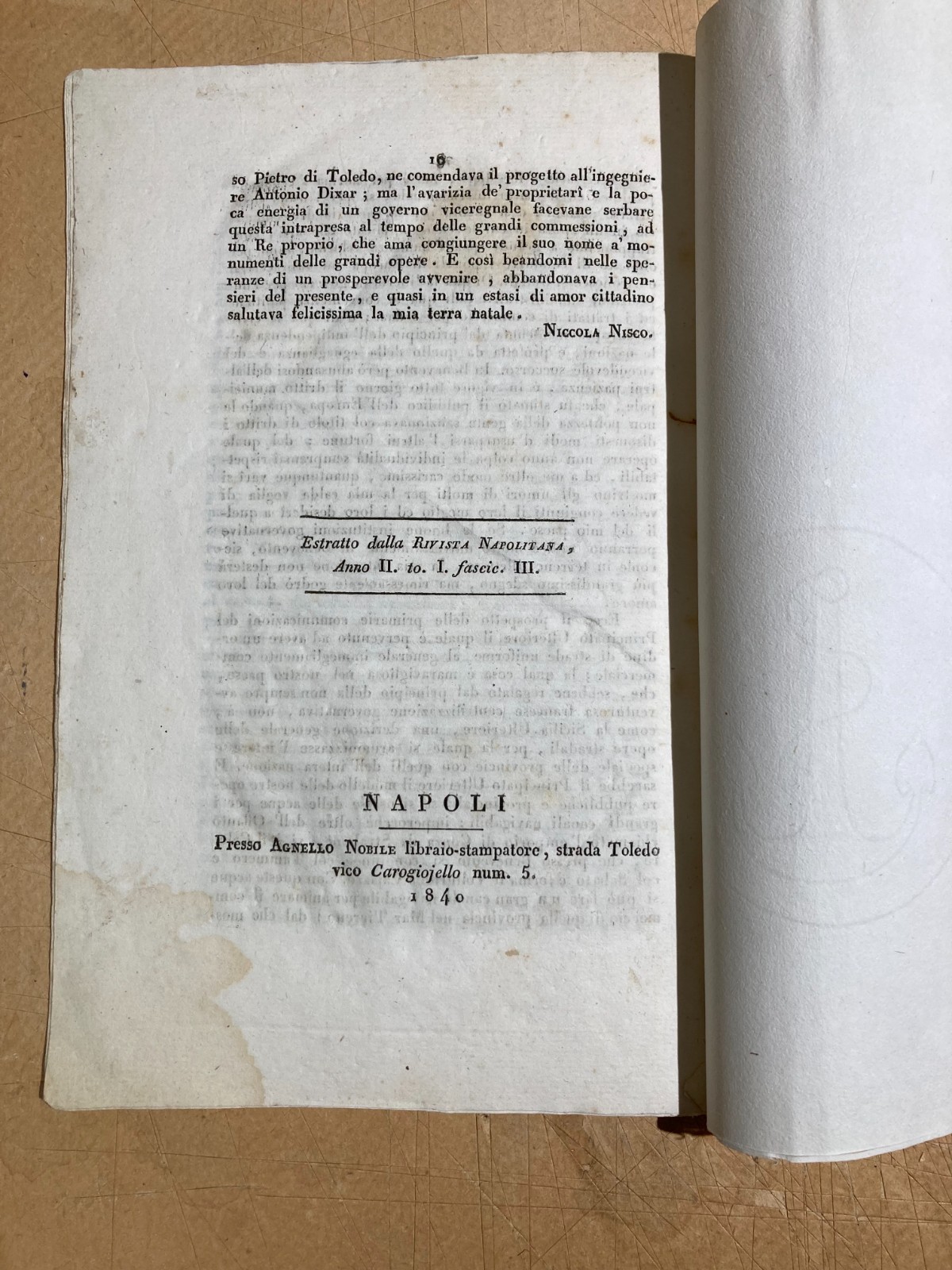 Campania, Irpinia, Sannio, Nisco: Antica Edizione   Storia Locale Napoletana, 1840