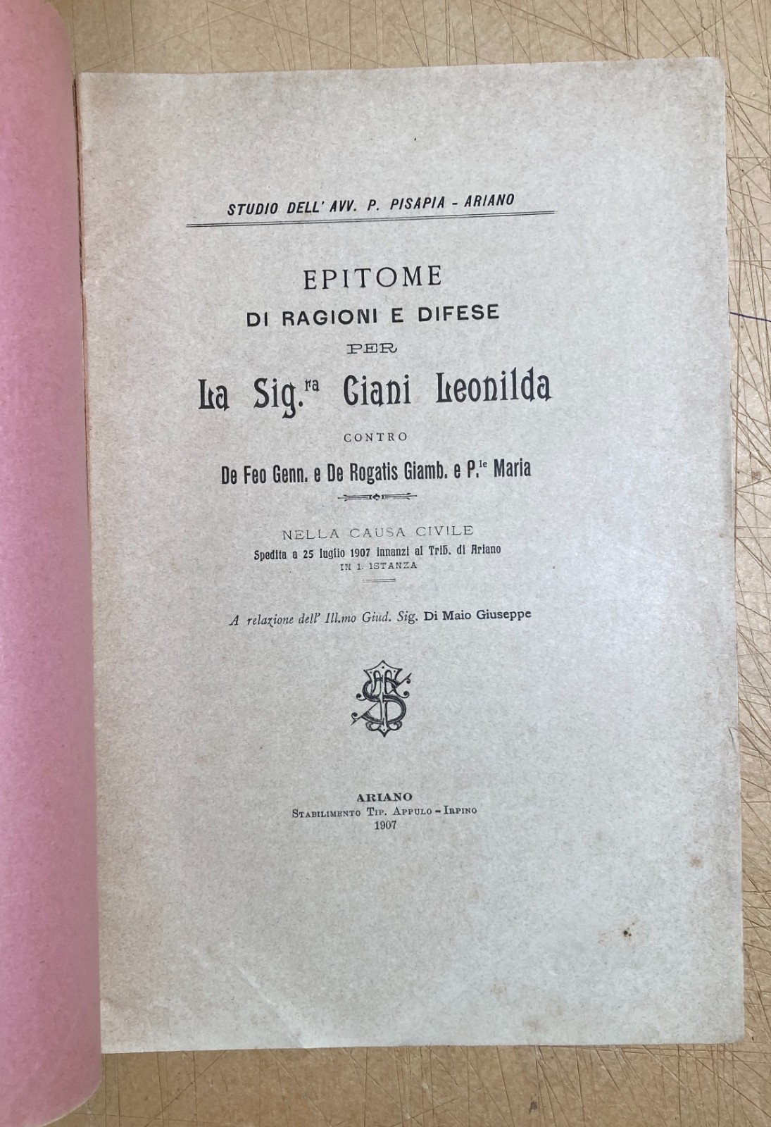 Campania, Irpinia, Ariano: Giuridica   Pisapia, Ciani Contro De Feo E De Rogatis (1907)