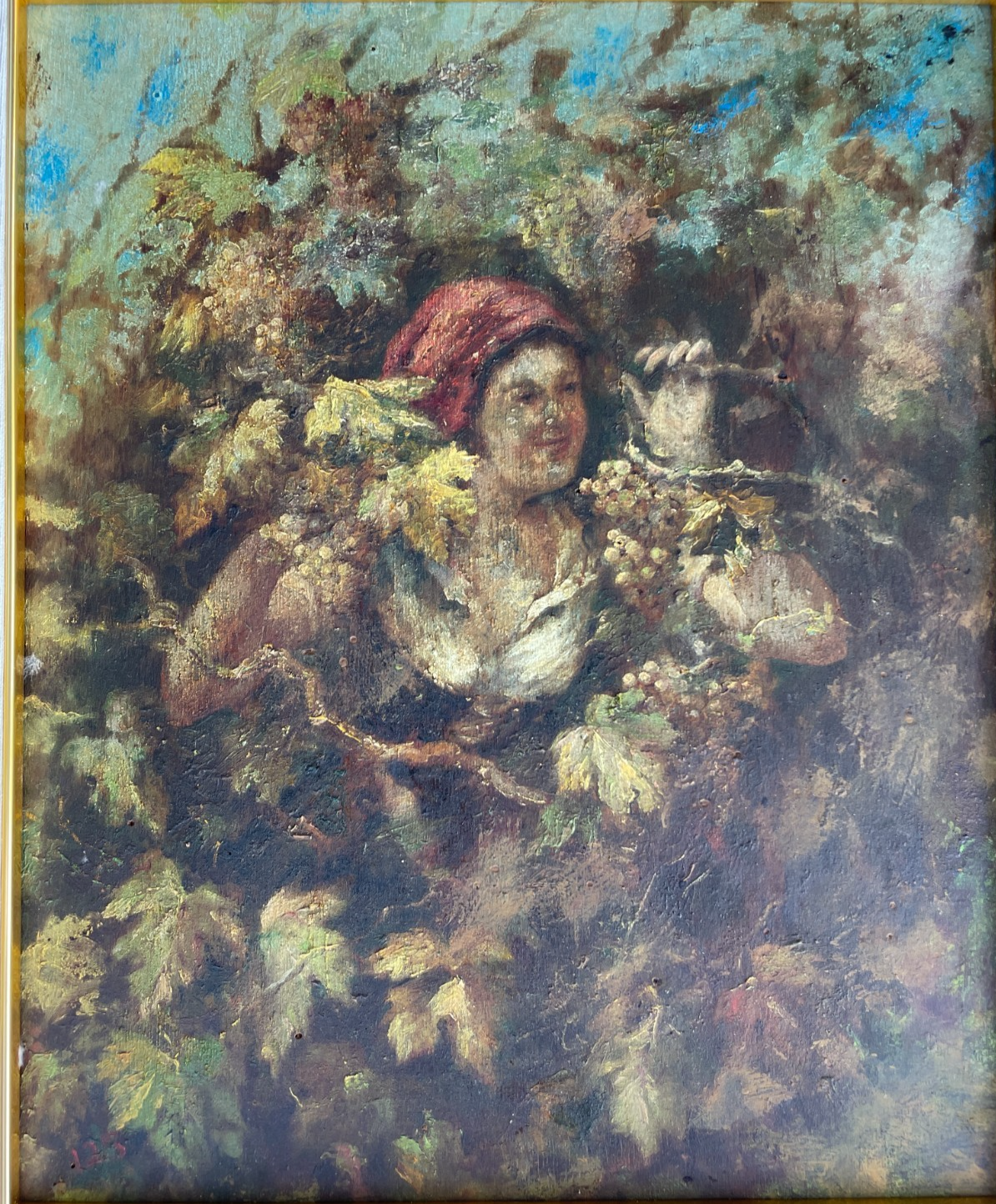 Scena Con Vendemmiatrice, Uva E Vino. Dipinto d'Epoca (Napoli / Abruzzo)