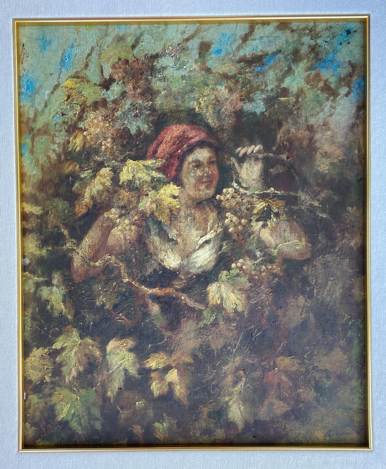 Scena Con Vendemmiatrice, Uva E Vino. Dipinto d'Epoca (Napoli / Abruzzo)