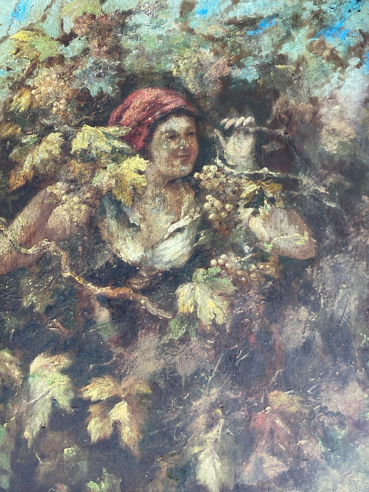 Scena Con Vendemmiatrice, Uva E Vino. Dipinto d'Epoca (Napoli / Abruzzo)