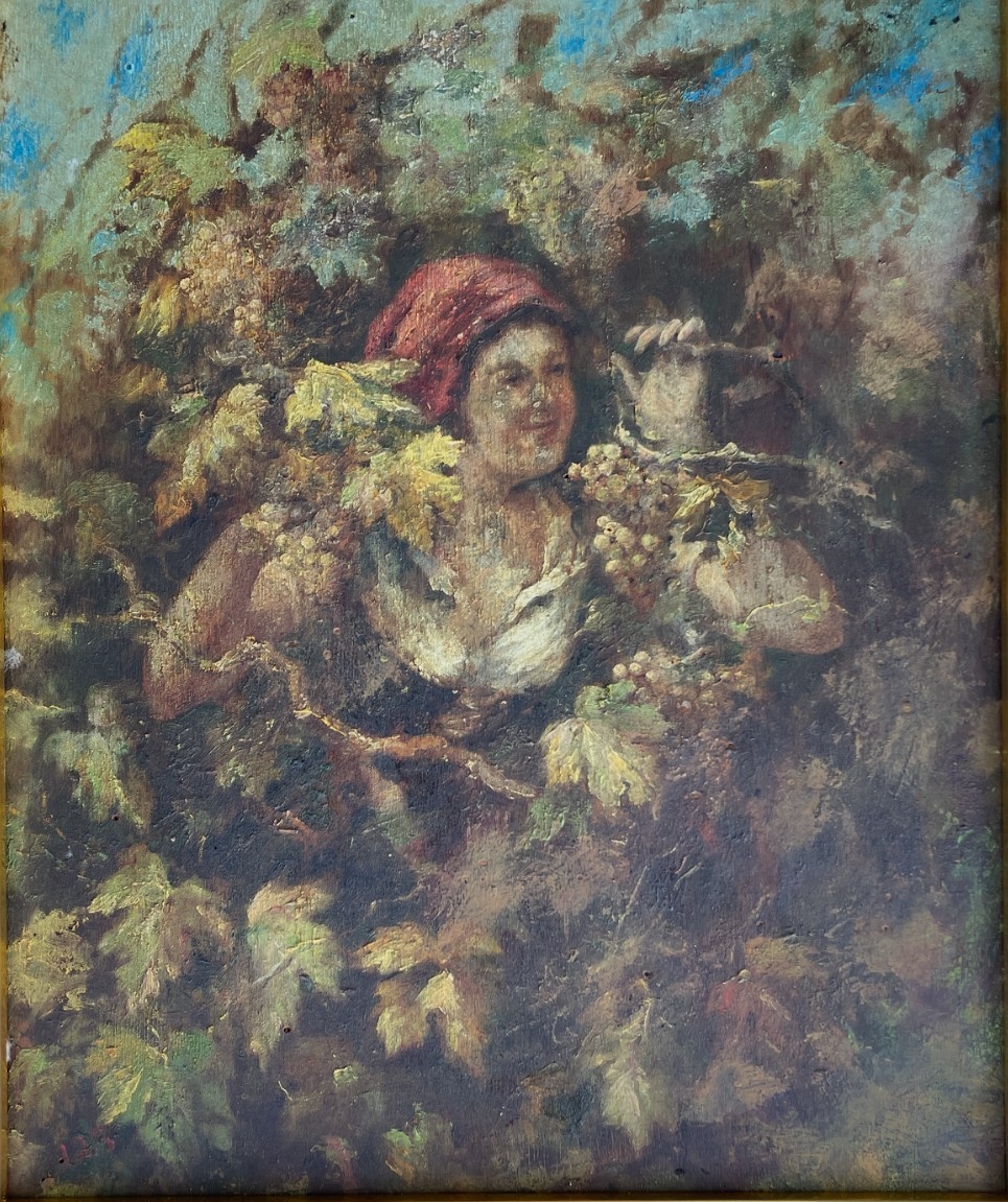 Scena Con Vendemmiatrice, Uva E Vino. Dipinto d'Epoca (Napoli / Abruzzo)