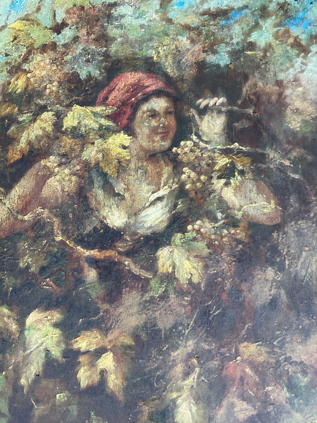 Scena Con Vendemmiatrice, Uva E Vino. Dipinto d'Epoca (Napoli / Abruzzo)