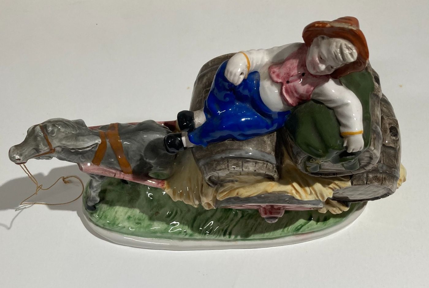 Gruppo Scultoreo In Ceramica Policroma: Carretto Con Botti Di Vino, Marcato