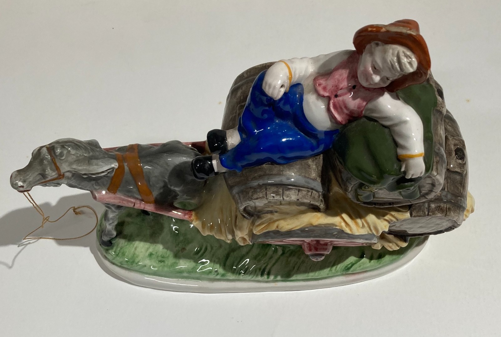 Gruppo Scultoreo In Ceramica Policroma: Carretto Con Botti Di Vino, Marcato