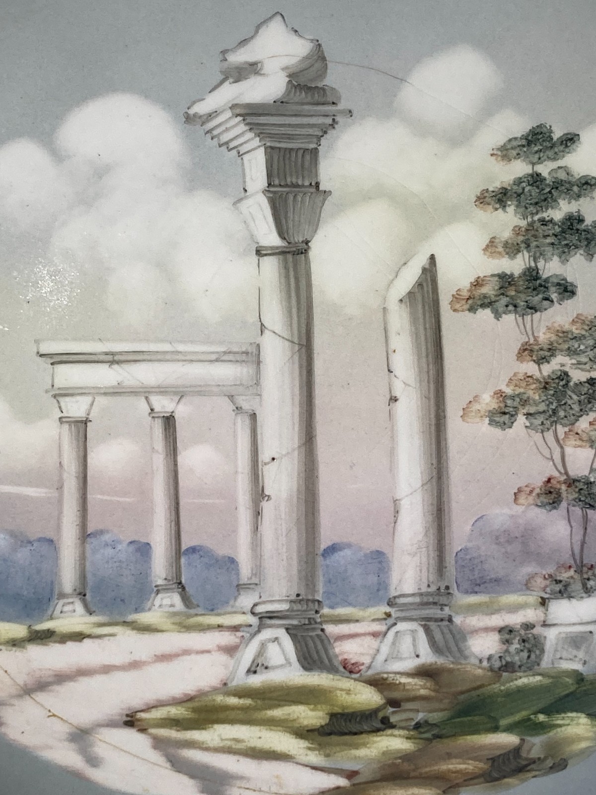 Artistica Veduta Con Rovine O Tempio, Ceramica Da Collezione, Marcata ACF