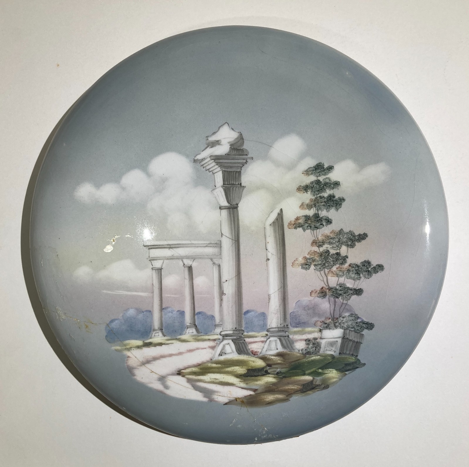 Artistica Veduta Con Rovine O Tempio, Ceramica Da Collezione, Marcata ACF