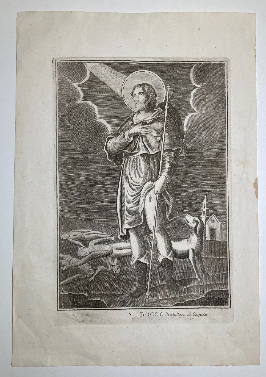 Antica Stampa Popolare Devozionale Di San Rocco, Protettore Di Gioiosa