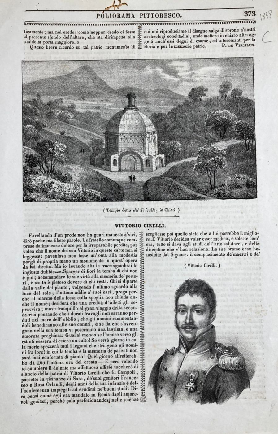 Abruzzo, Chieti, Tricalle. Antica Veduta Con Tempio, Stampa Litografica, Cirelli, 1800.