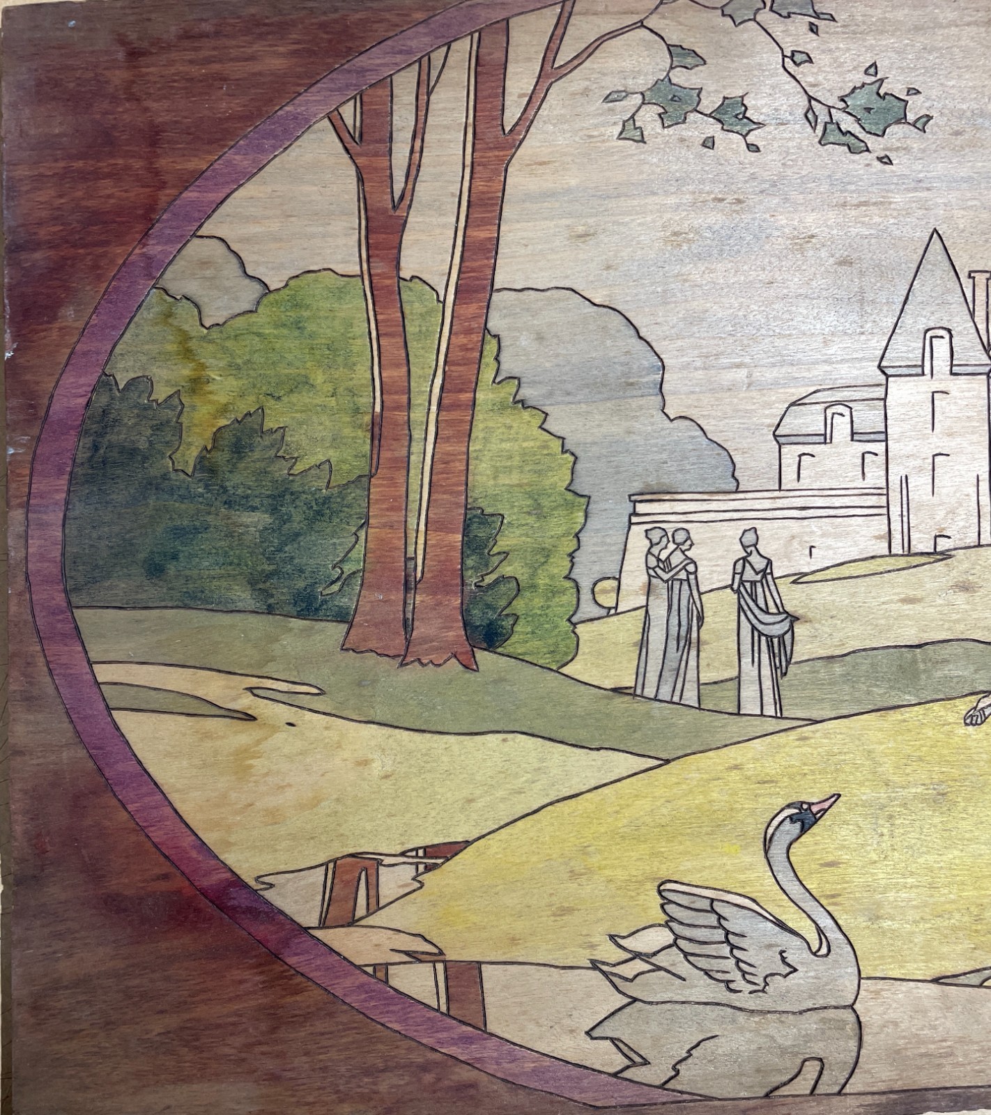 Decorativa Opera d'Arte. Scena Animata. Parco Con Laghetto E Cigno. Legno Policromo.