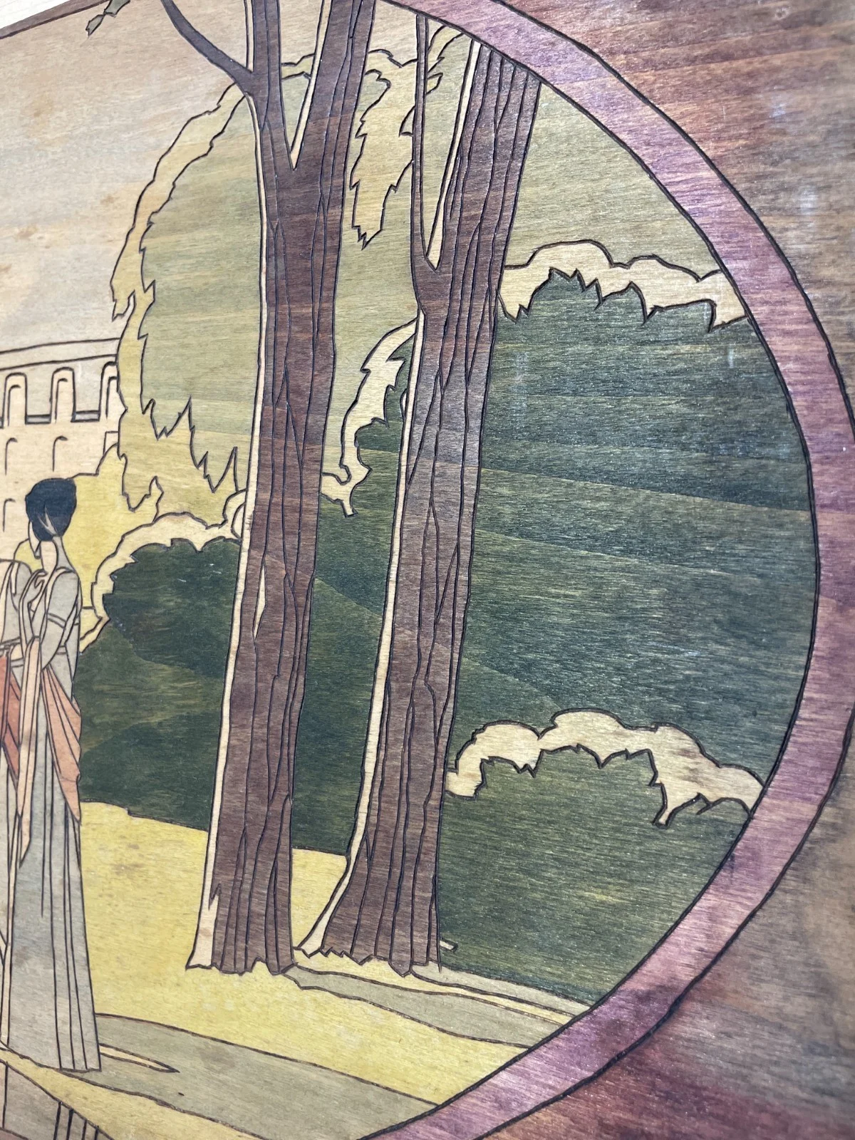 Decorative Artwork. Animated Scene. Park with Pond and Swan. Polychrome Wood.