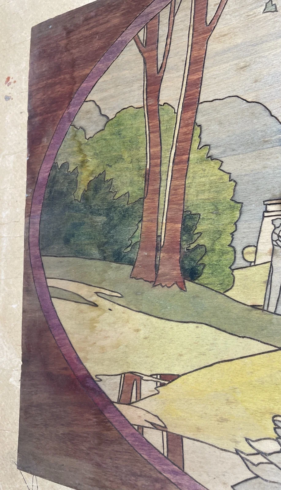 Decorative Artwork. Animated Scene. Park with Pond and Swan. Polychrome Wood.