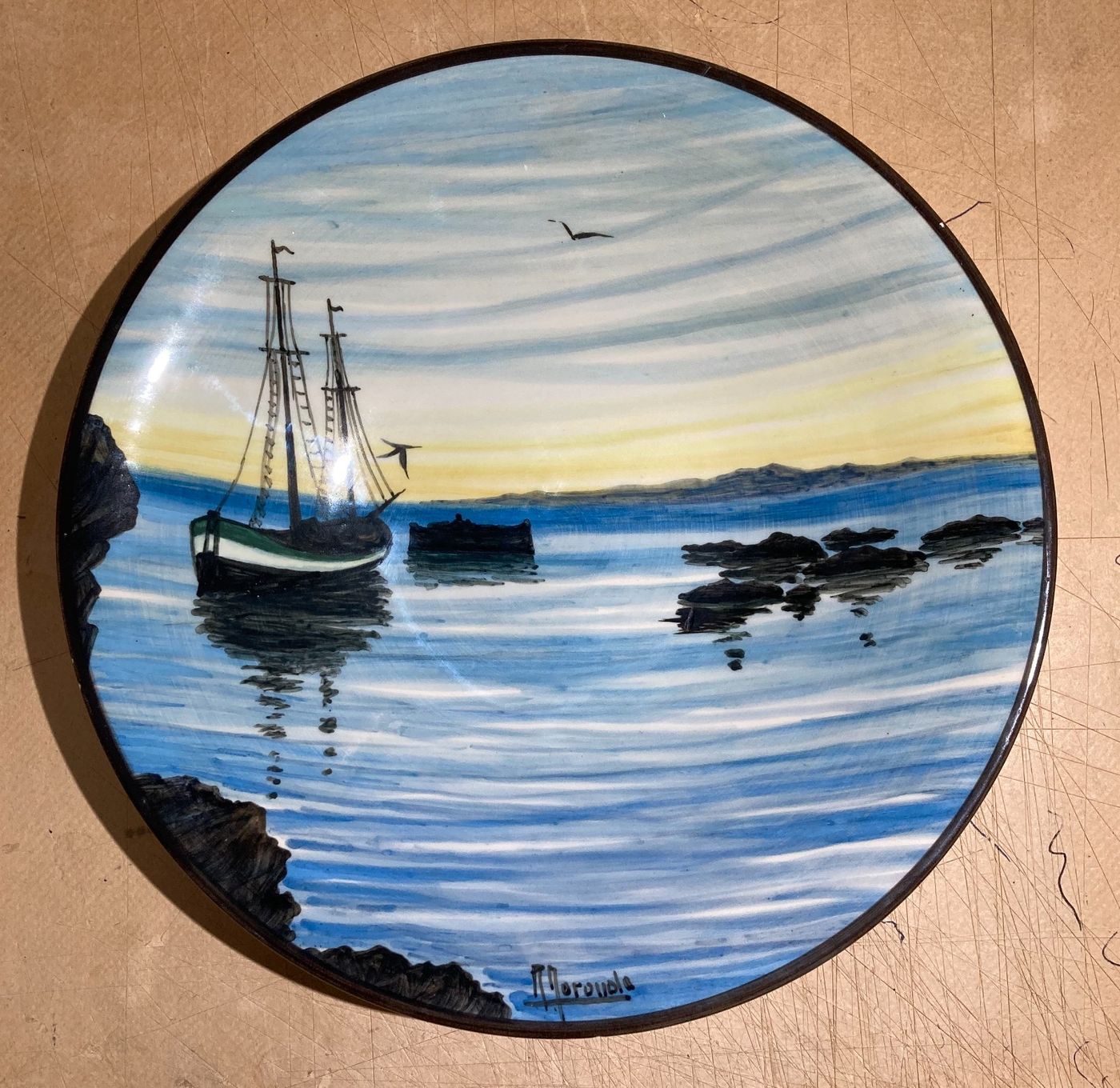 Veduta Marina Con Barche   Piatto In Ceramica Colonnata   Firmato