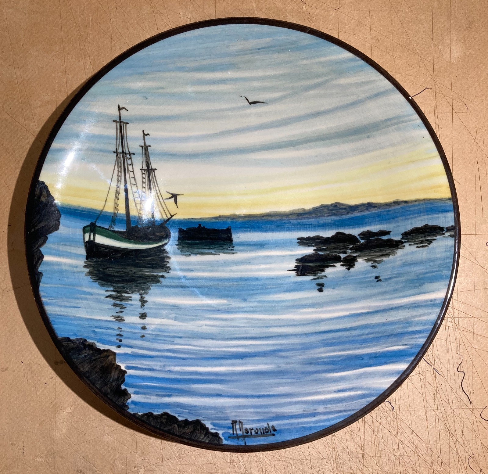Veduta Marina Con Barche   Piatto In Ceramica Colonnata   Firmato