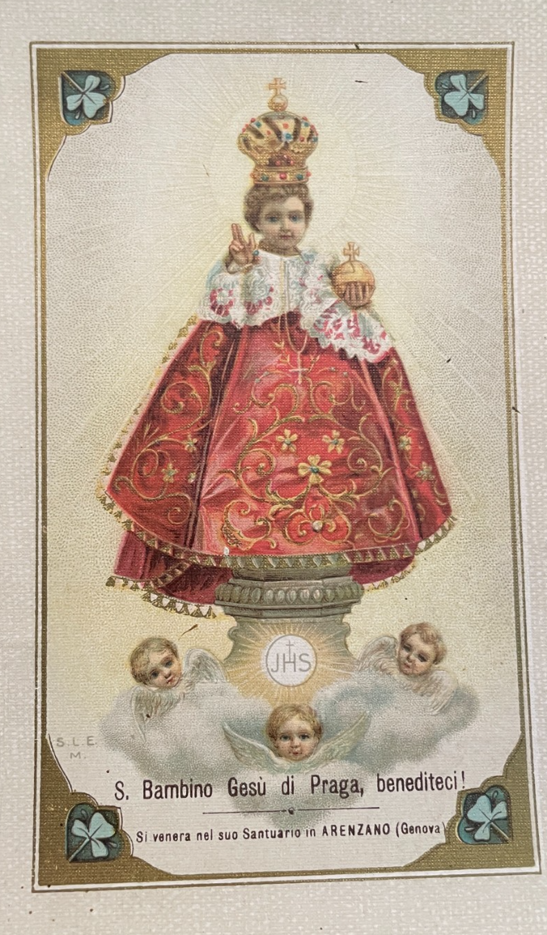 Antica Stampa Popolare Devozionale: Bambino Di Praga, Arenzano (Genova). Cromolitografia